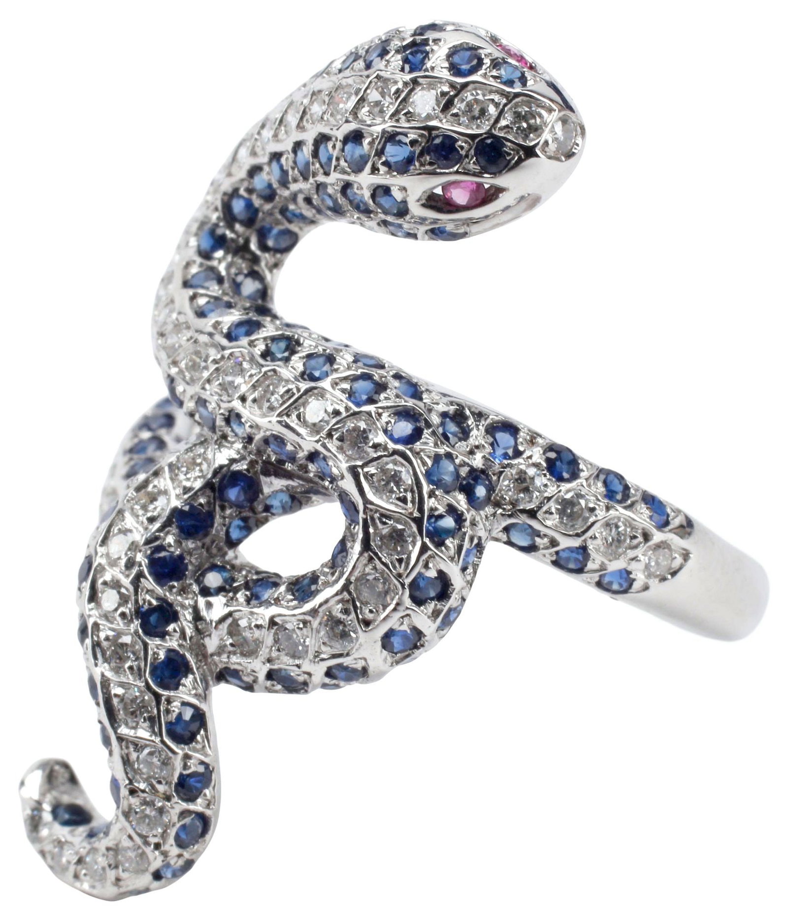ESTATE 14KT WHITE GOLD, SAPPHIRE & DIAMOND SNAKE / SERPENT RING: Estate 14kt white gold (tested) and sapphire snake ring, plaque in the form of a twisted serpent, set with numerous small round diamonds, approx 0.35cttw, average color: H-I, average clarity: SI,