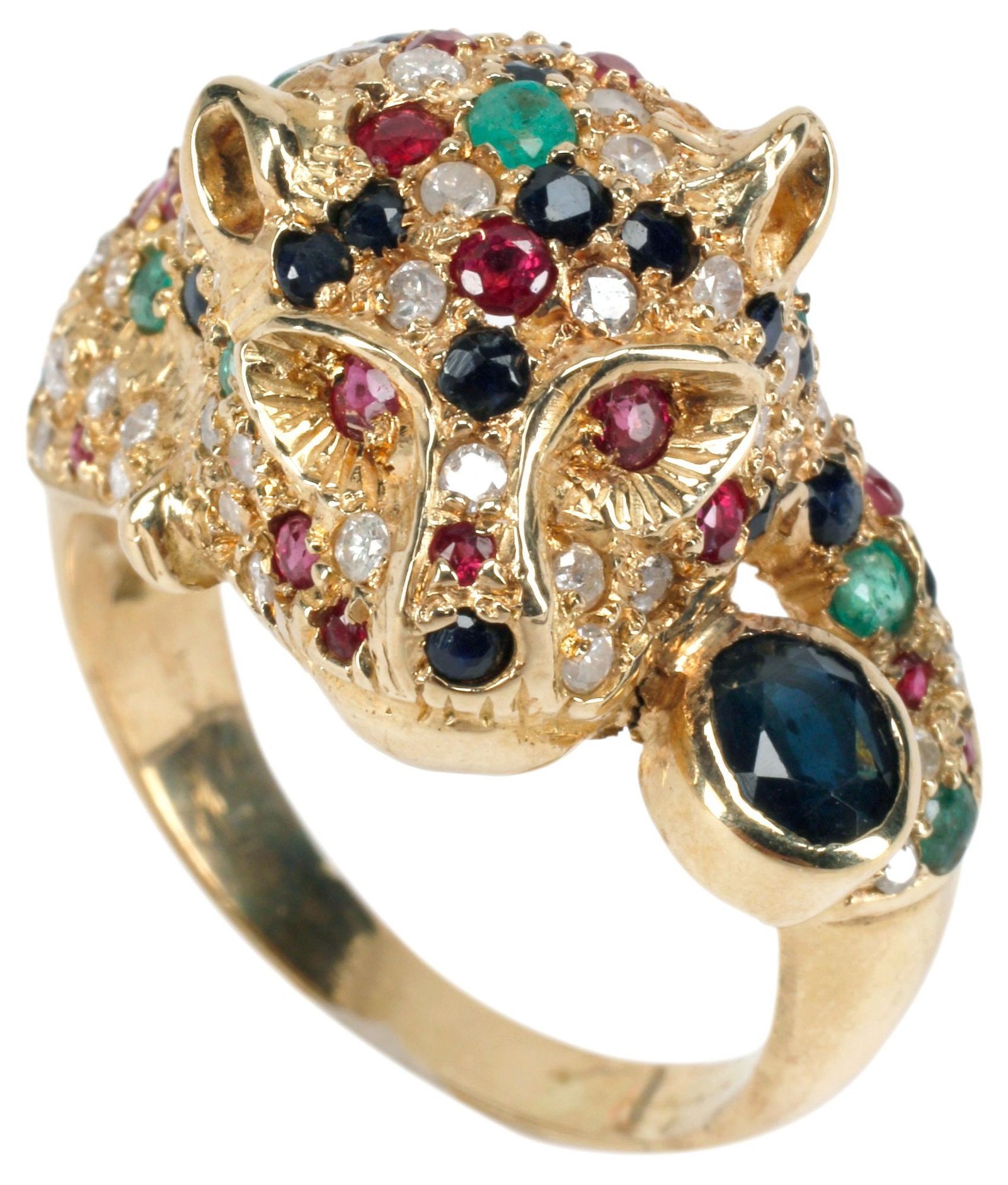 ESTATE 14KT YELLOW GOLD & 2.00CTTW MULTI-GEMSTONE PANTHER RING: Estate 14kt yellow gold (tested) and multi-gemstone ring, modeled as a panther head with open mouth, pave-set throughout with numerous rubies, sapphires, emeralds, and diamonds, approx 1.52cttw,