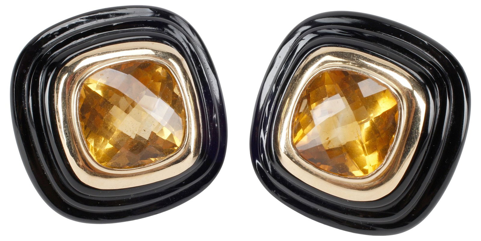 ESTATE VINTAGE 14KT GOLD CITRINE & ONYX SQUARE EARRINGS: (pair) Estate 14kt yellow gold earrings, stepped black onyx surround, bezel-set cushion-cut citrine, post and French clip backs, marked 14K M/B, approx 1 1/8"l, 1 1/8"w, 21.2 grams total (inclusive of