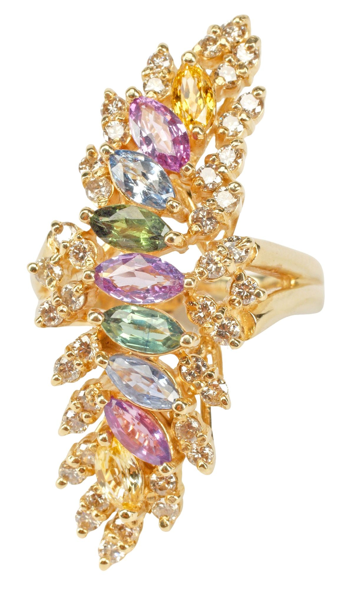 ESTATE 14KT GOLD MULTI-COLOR SAPPHIRES & DIAMOND COCKTAIL RING: Estate 14kt yellow gold (tested) cocktail ring, cascading line of marquise cut yellow, violet, blue, and green sapphires, approx 2.00cttw, accented with forty-two (42) full cut round diamonds, approx