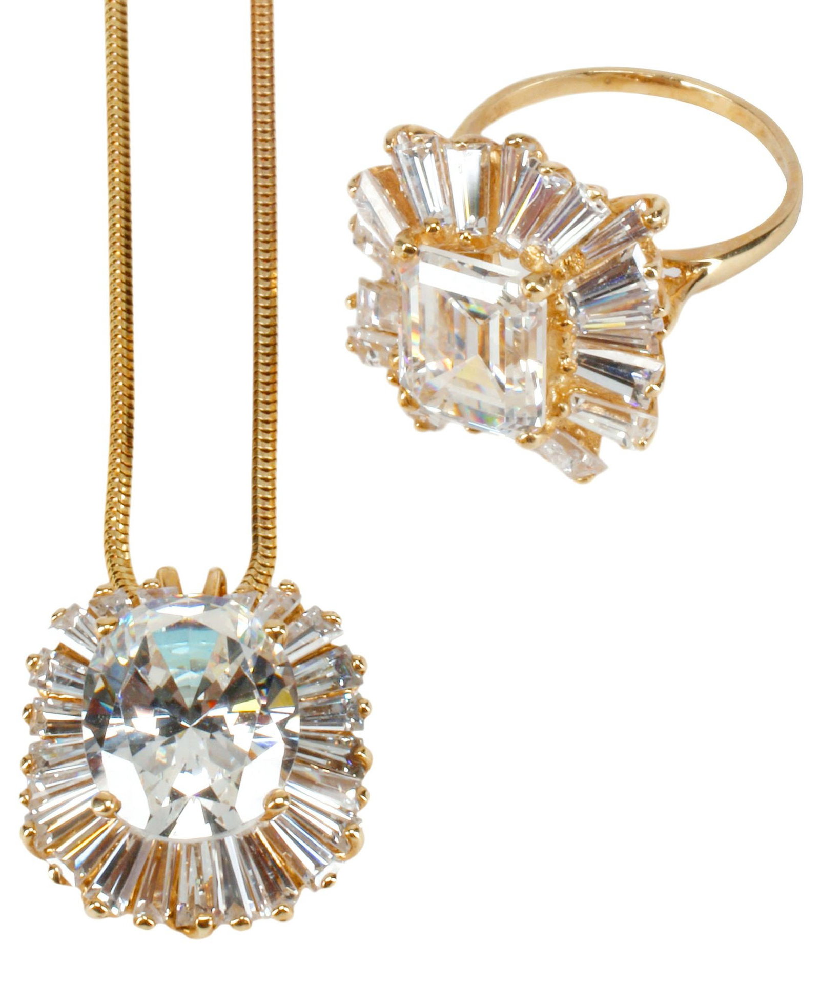 (3) ESTATE 14KT YELLOW GOLD & CUBIC ZIRCONIA BALLERINA RING & PENDANT ON CHAIN: (lot of 3) Estate 14kt yellow gold (tested) and cubic zirconia (CZ) ballerina jewelry set, each having faceted center stone, framed by radiating baguette-cut halo, including: (1) pendant, approx 1"l, 