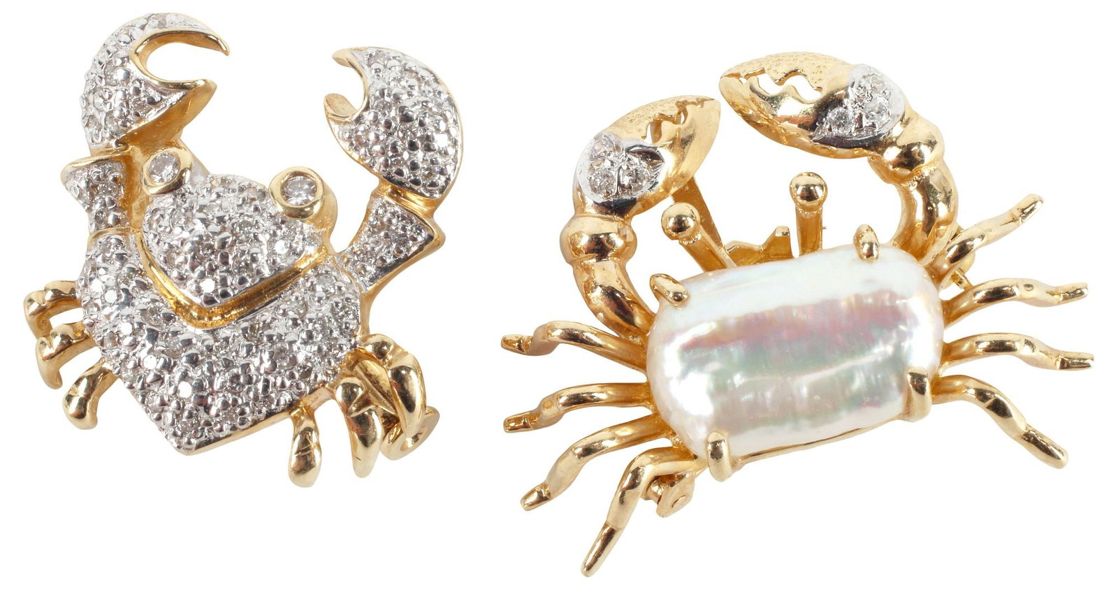 (2) ESTATE 14KT GOLD, BAROQUE PEARL & DIAMOND CRUSTACEAN BROOCHES: Lot of (2) 14K Gold and diamond brooches/ pins, each modeled as a crab, including: (1) formed with a cultured freshwater baroque pearl back, pincers set with (three) round brilliant cut diamonds each,