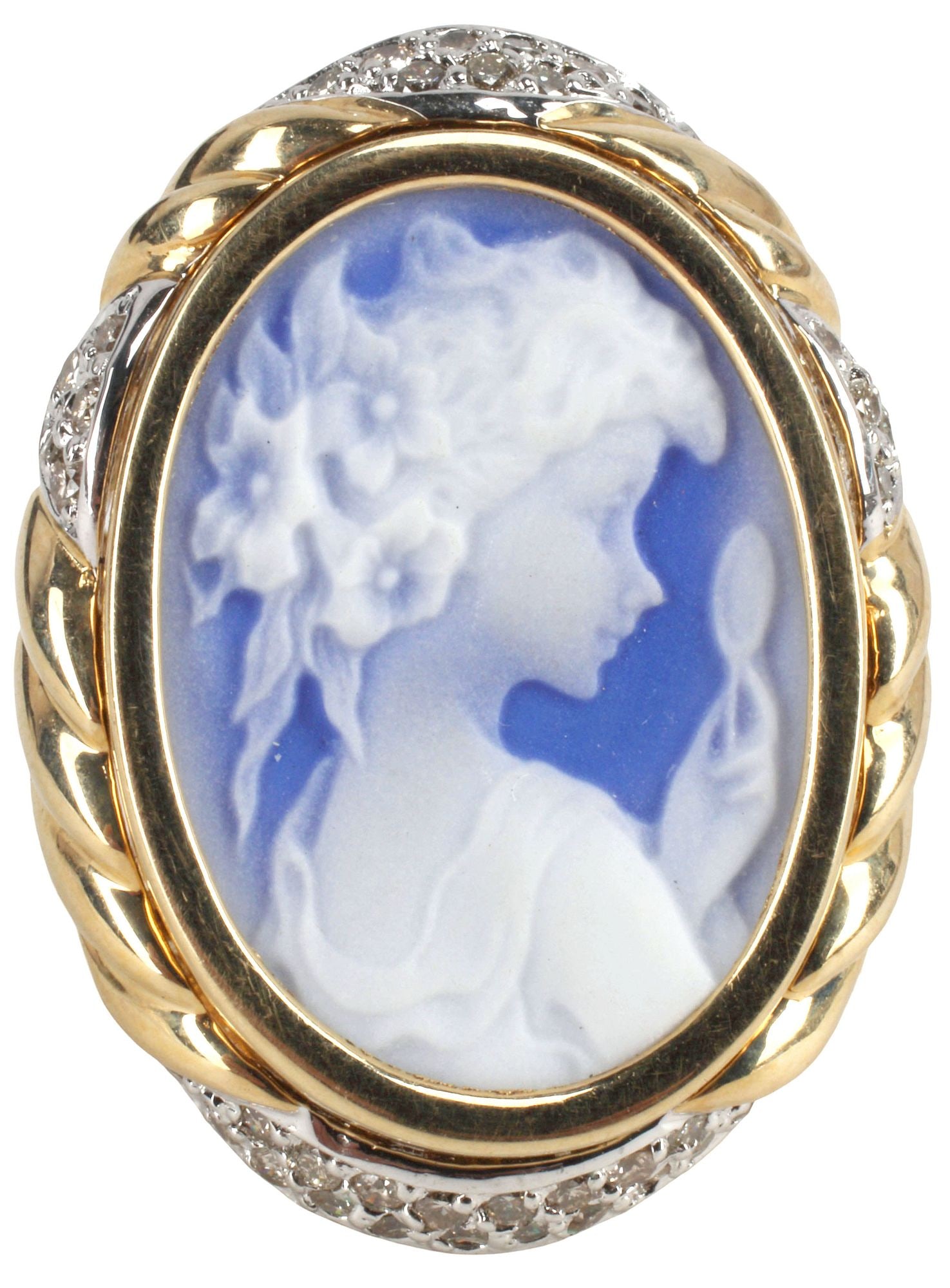 ESTATE 14KT GOLD 0.50CTTW DIAMOND & BLUE PORCELAIN CAMEO RING: Estate 14kt yellow gold cameo ring, oval blue porcelain inset cameo depicting a beauty in profile, pierced gold setting with diamond accents, approx 0.50cttw, average color: H-I, average clarity: