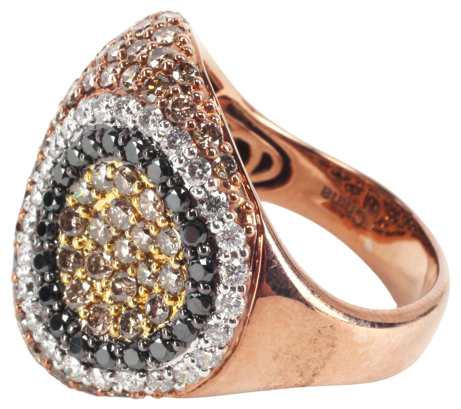 ESTATE 14KT ROSE GOLD & 5.00 CTTW MULTICOLOR DIAMOND RING: 14K Rose Gold and Multicolor Diamond Ring, sculptural form pave set with fancy yellow, fancy brown, white and black diamonds, approx 5.00cttw, size 8.75, 10.8 gram **NOTE: ALL JEWELRY & COIN LOTS