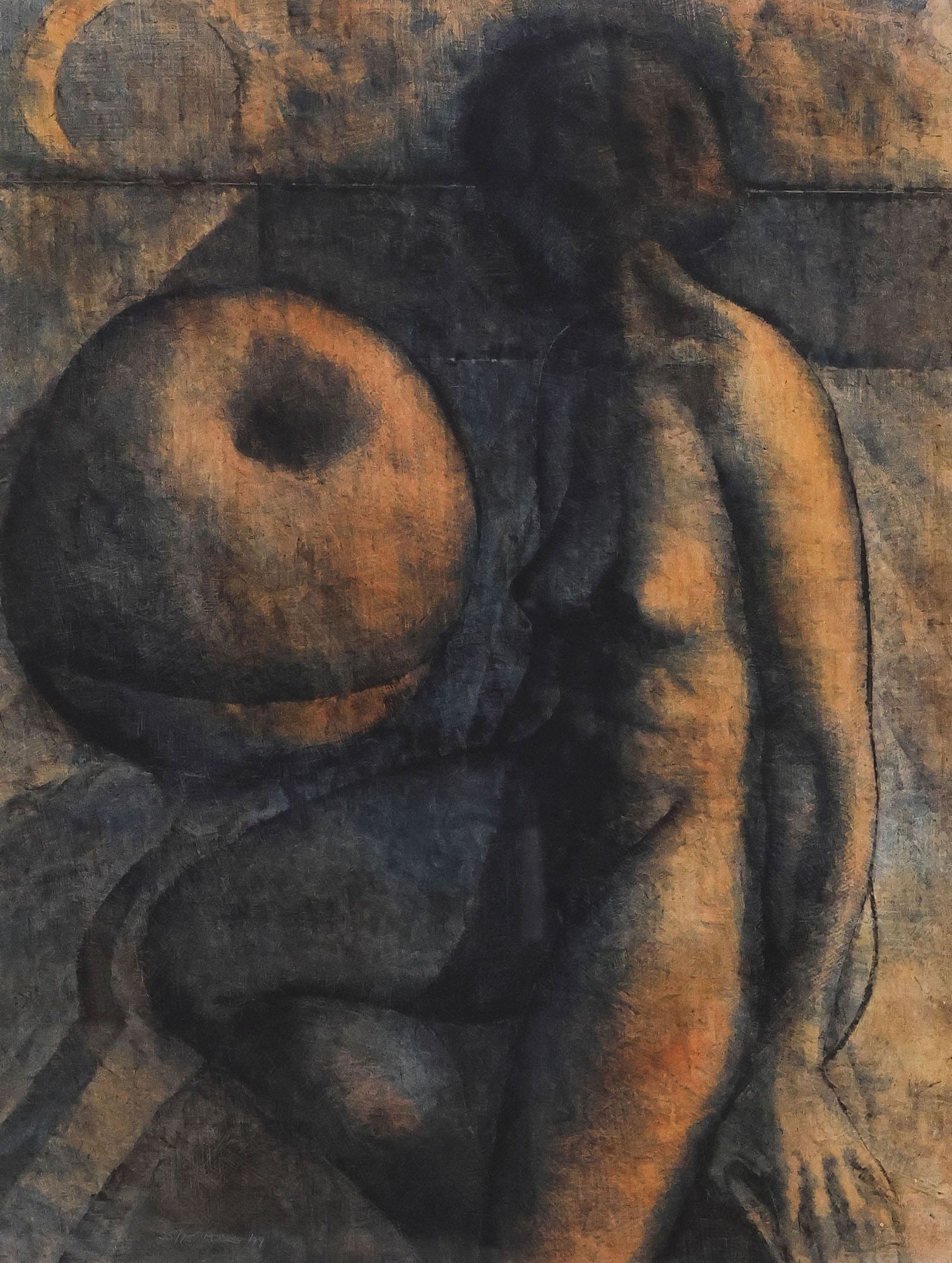 ARMANDO MORALES (D.2011) LITHOGRAPH, 'DESNUDO SENTADO CON FRUTA,' W/ COA': Large framed lithograph in colors on paper, "Desudo Sentado con Fruta (Seated Nude with Fruit)," pencil signed lower left Morales (Armando Morales, Nicaraguan, 1927-2011), numbered 25/ 75, dated [19]7