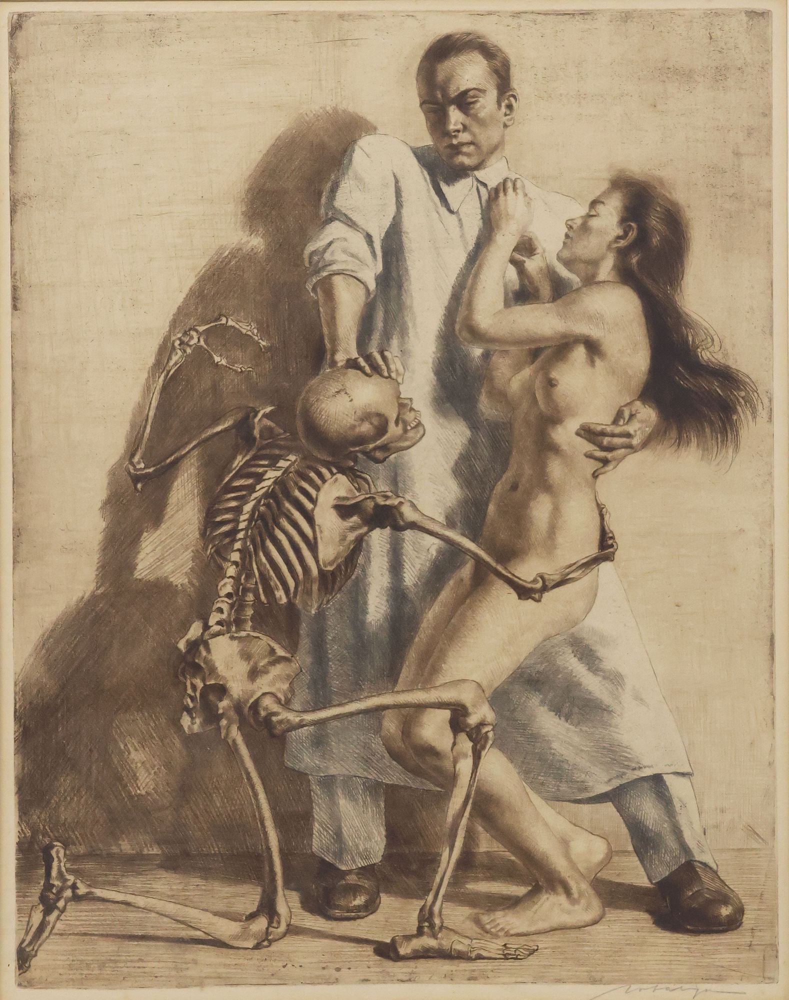IVO SALIGER (1894-1987) COLOR ETCHING, THE DOCTOR, THE MAIDEN, & DEATH: Framed color etching on paper, The Doctor, the Maiden, and Death, pencil signed lower right Saliger (Ivo Saliger, Austrian, 1894-1987), not examined out of frame, sight: approx 25.25"h, 20"w,