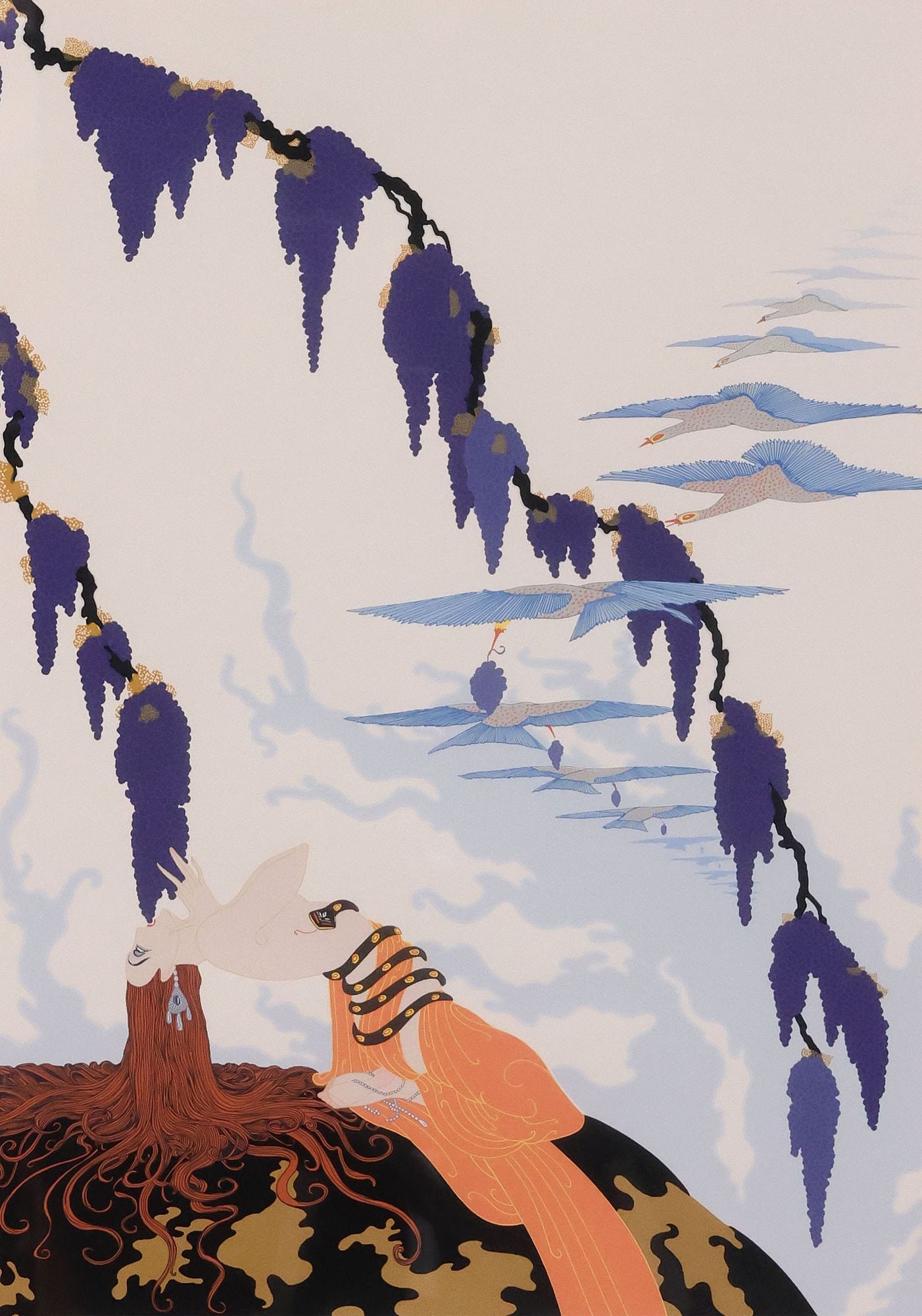 ETRE (D.1990) LARGE ARTIST'S PROOF SERIGRAPH WITH COA, 'VINTAGE': Framed serigraph in colors on paper, "Vintage," pencil signed lower right Erte (Romain de Tirtoff, Russian-born French, 1892-1990), numbered AP (artist's proof) 48/ 50, accompanied by certificate of a