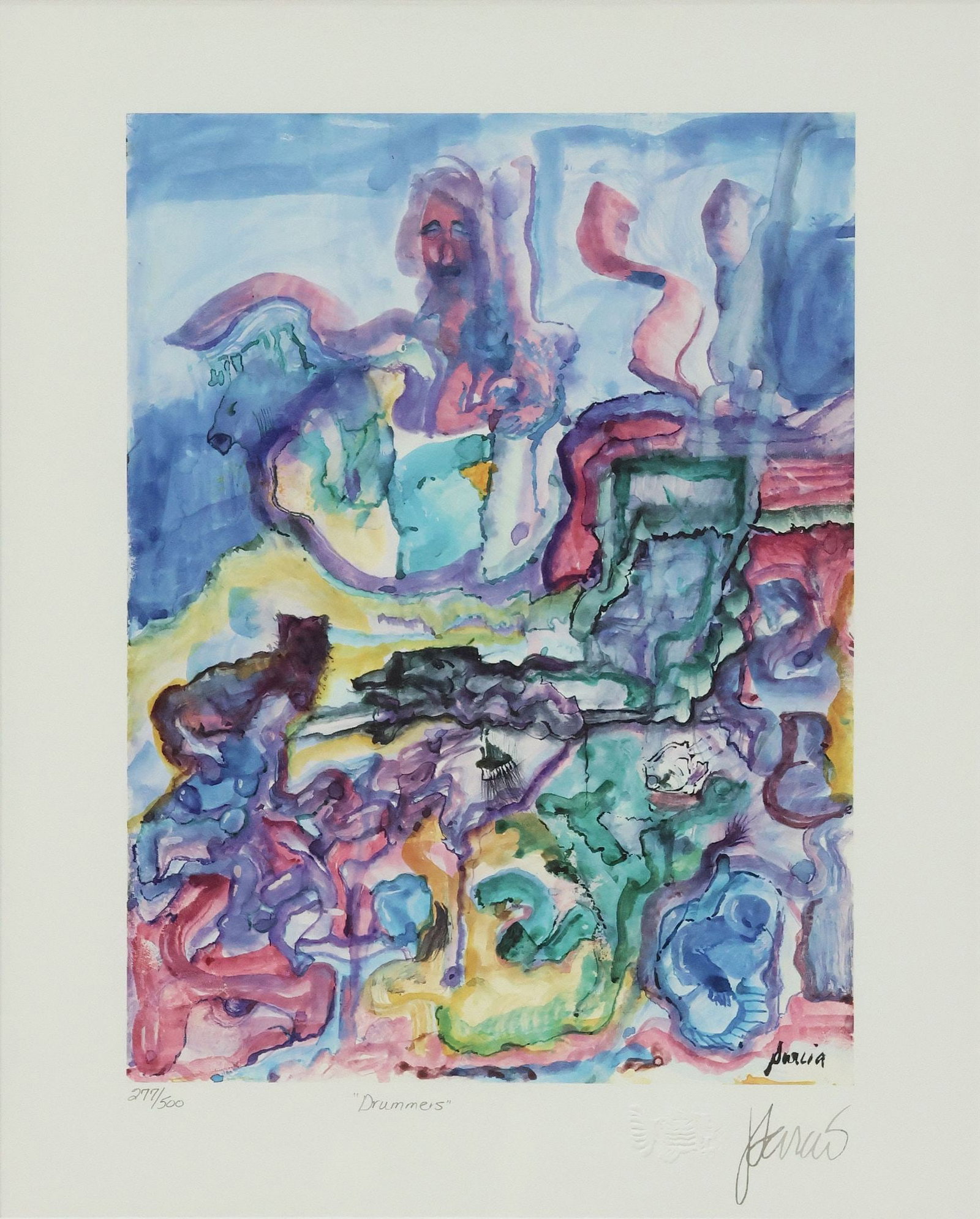 FRAMED JERRY GARCIA LIMITED PRINT, "DRUMMERS," GRATEFUL DEAD: Framed limited edition color lithograph print "Drummers", signed in the plate, pencil signed at lower right J.Garcia (Jerome "Jerry" John Garcia, 1942-1995, California) co-founder of the Grateful