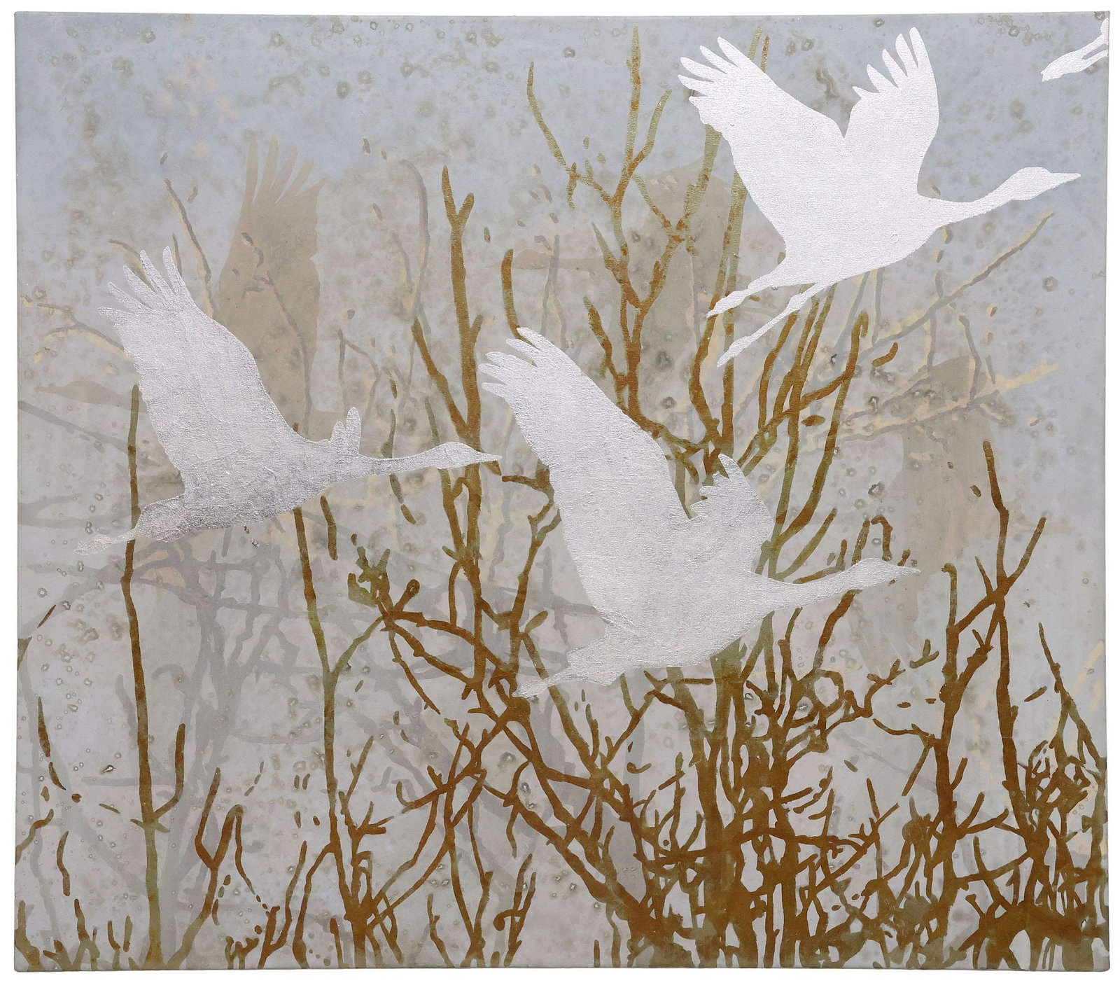 THOMAS SWANSTON (ATTRIB.) SILVER LEAF & ACRYLIC PAINTING, GEESE IN FLIGHT, 50" X 57" (1 of 2)