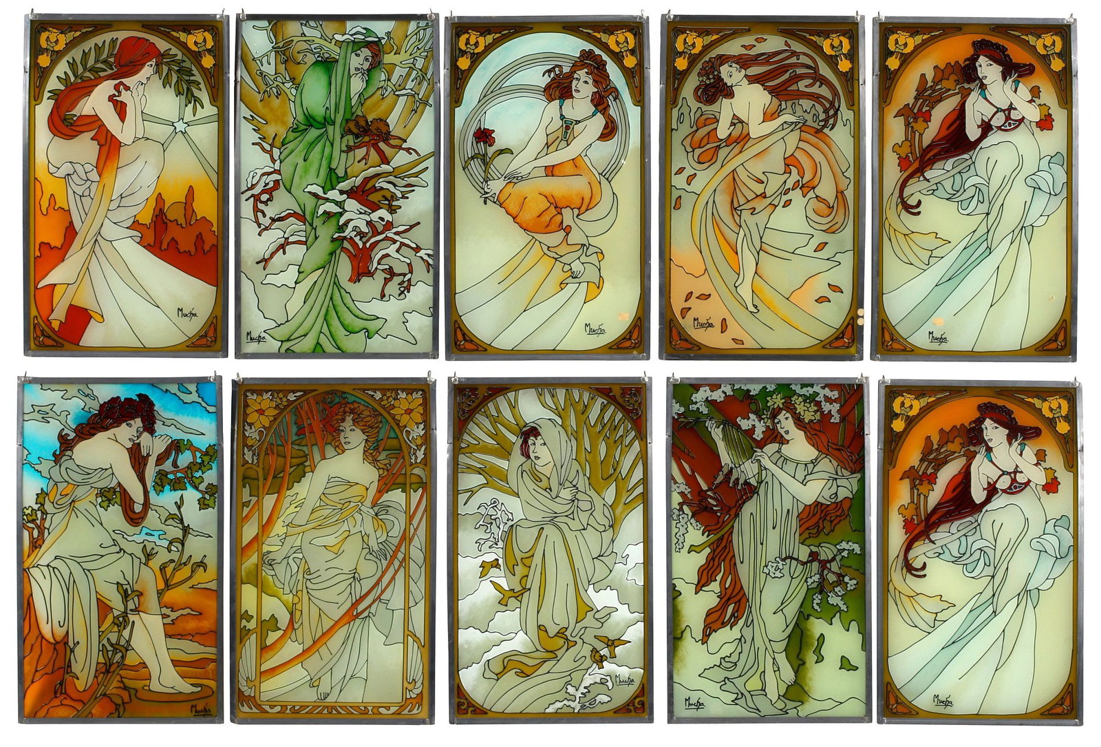 (10) AFTER ALPHONSE MUCHA (D. 1939) ART NOUVEAU STYLE PANELS, 'THE SEASONS', 24"H (1 of 6)