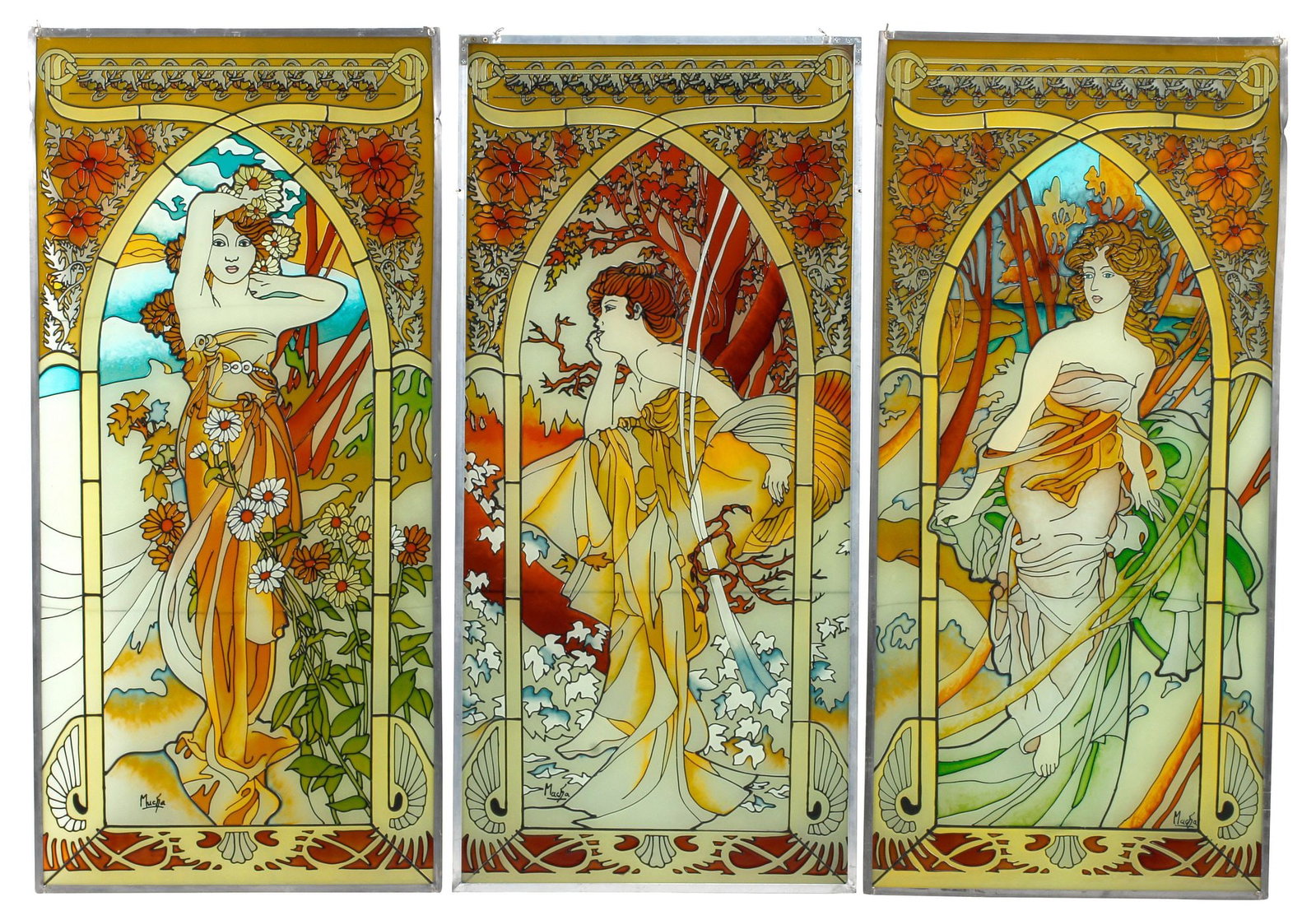 (3) AFTER ALPHONSE MUCHA (D. 1939) ART NOUVEAU STYLE PANELS, 'TIMES OF DAY', 45.5"H (1 of 5)