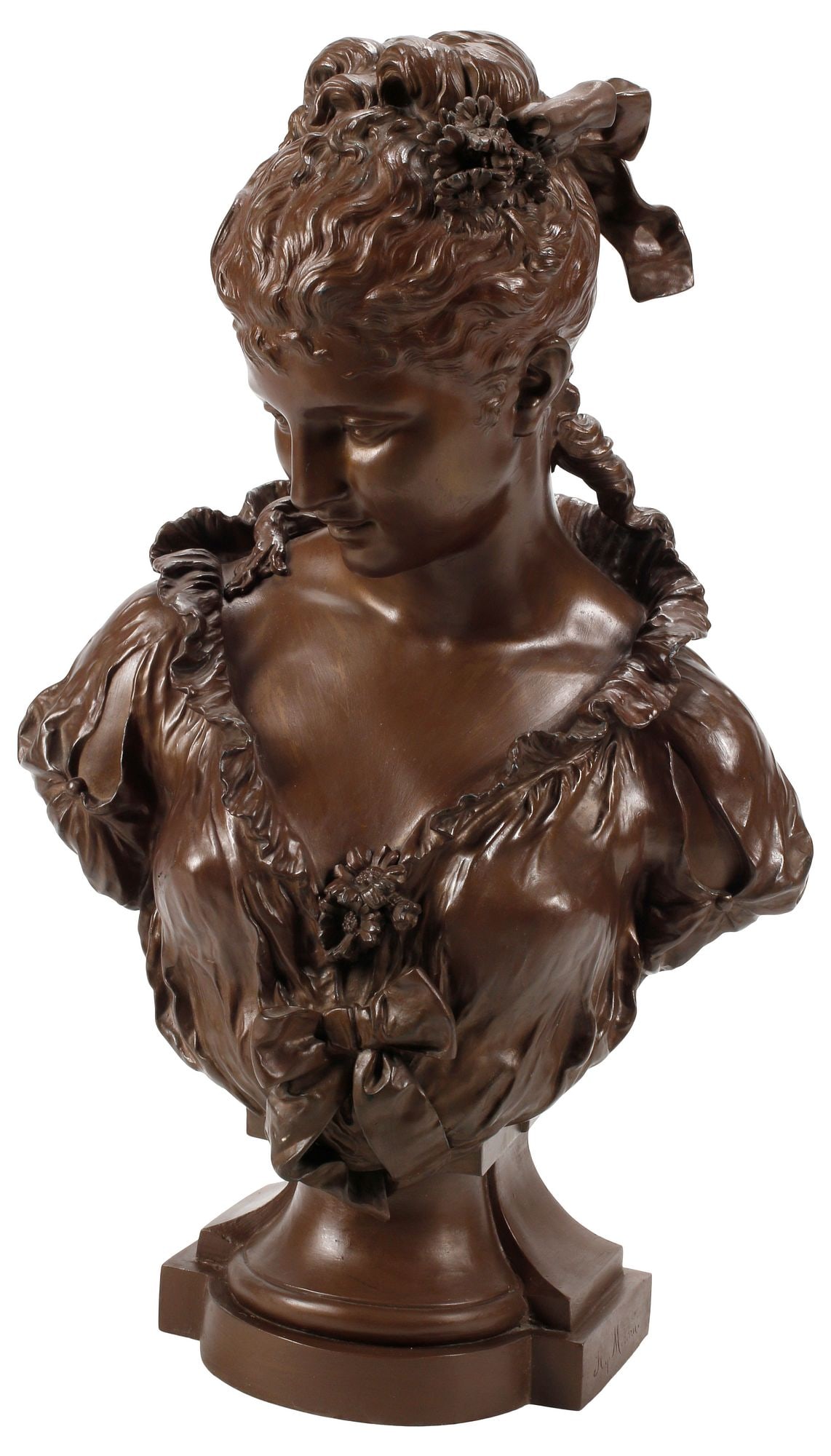 AFTER LOUIS AUGUSTE MOREAU (D. 1919) PATINATED METAL BUST, YOUNG BEAUTY, 27"H (1 of 5)