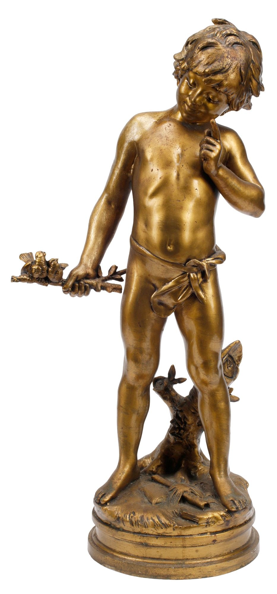 AFTER AUGUSTE MOREAU (D.1917) GILT METAL FIGURE, BOY & BIRD BRANCH, 31"H: Gilt-painted metal figural sculpture, Boy with Birds and Branch, after Auguste Moreau (French, 1834-1917), Collection Francaise, Made in U.S.A. foundry mark at base, approx 31"h, 14"w, 10"d, 24lbs