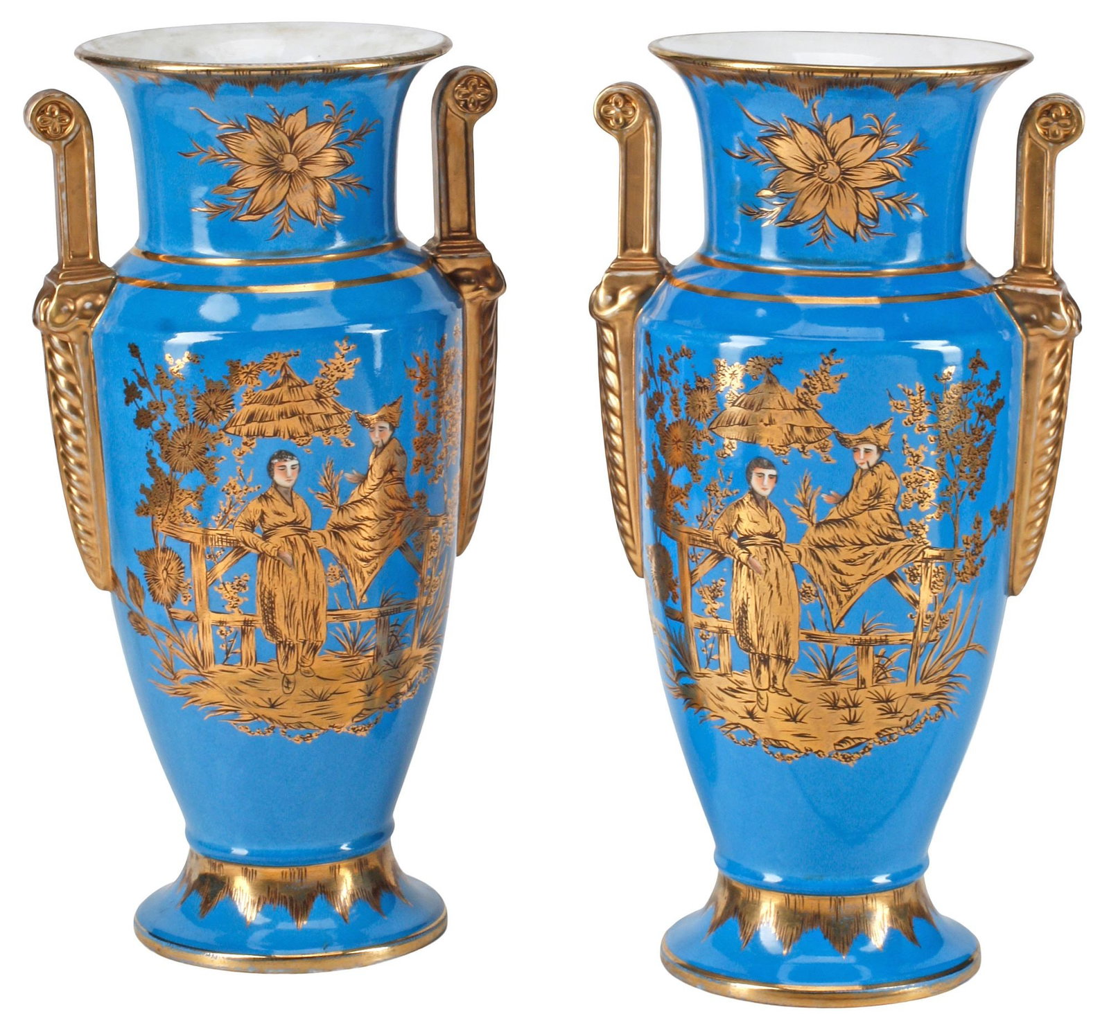 (2) OLD PARIS STYLE PARCEL-GILT CHINOISERIE PORCELAIN VASES: (pair) Old Paris style parcel-gilt porcelain vases, with figural chinoiserie decoration, approx 17"h, 9"w, 7"d, 18lbs total