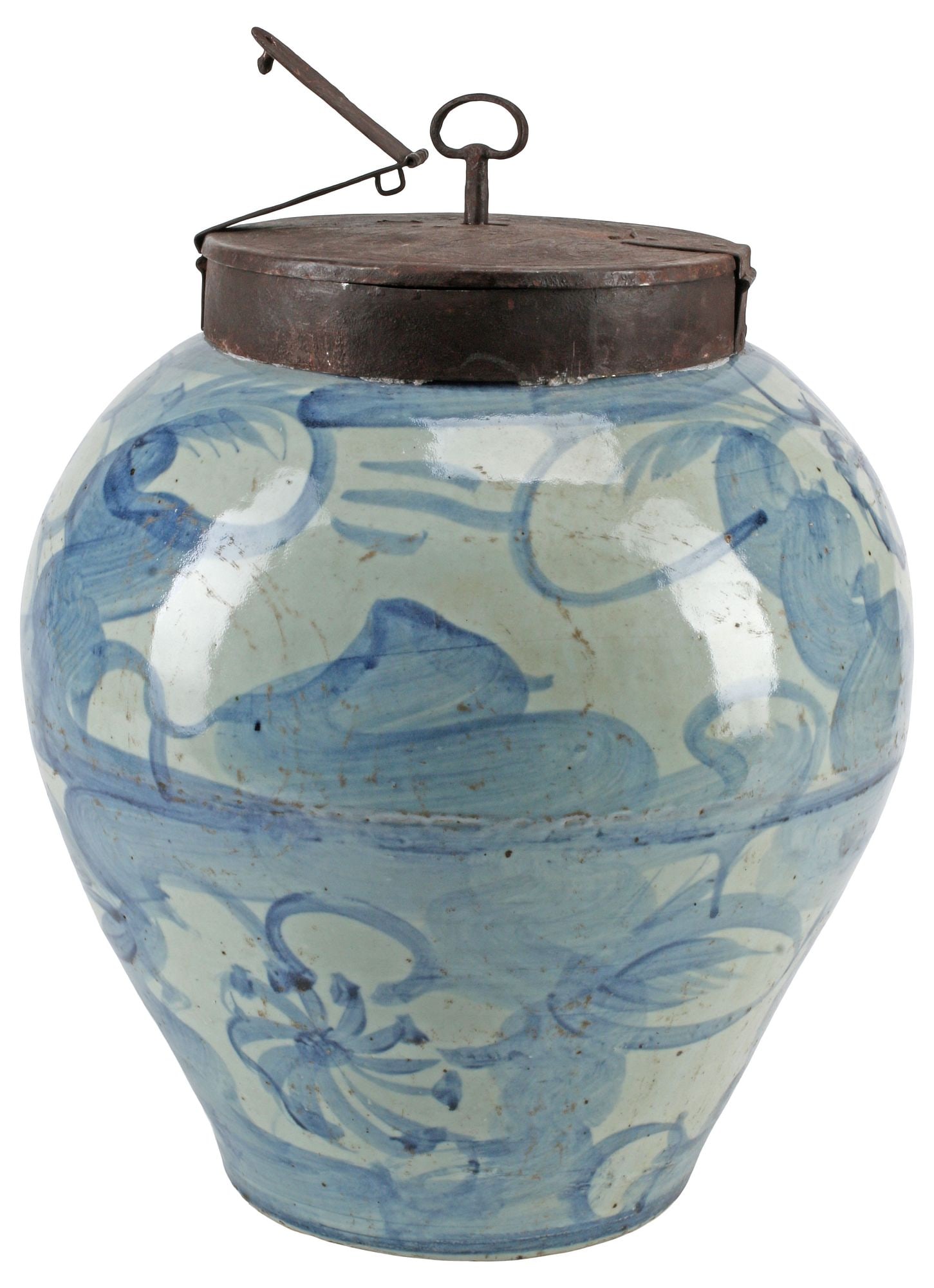 LARGE KOREAN BLUE & WHITE IRON-MOUNTED PORCELAIN COVERED JAR: Large Korean blue and white porcelain covered jar, with iron-mounted cover, over tapering body with painted floral motifs, approx 17"h, 14"diam, 23lbs