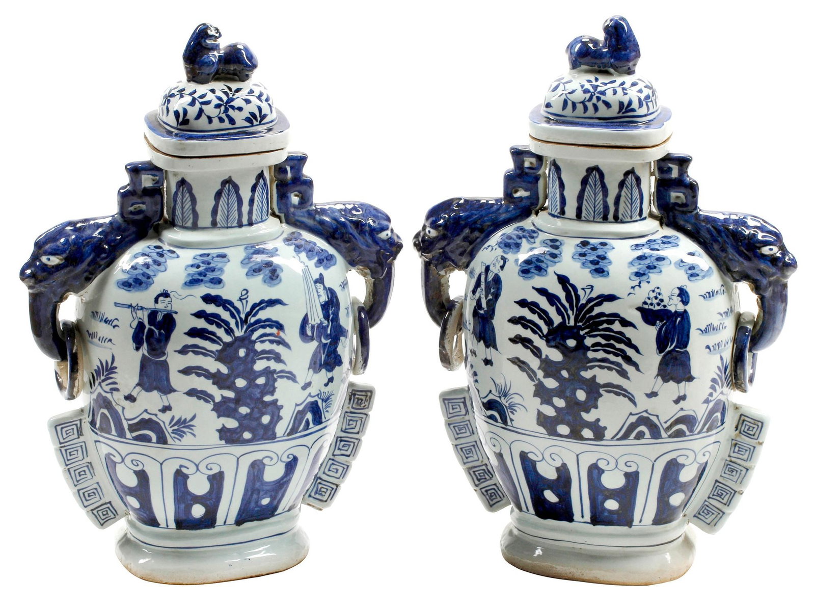 (2) CHINESE BLUE & WHITE PORCELAIN FISH MOTIF COVERED VASES (1 of 7)