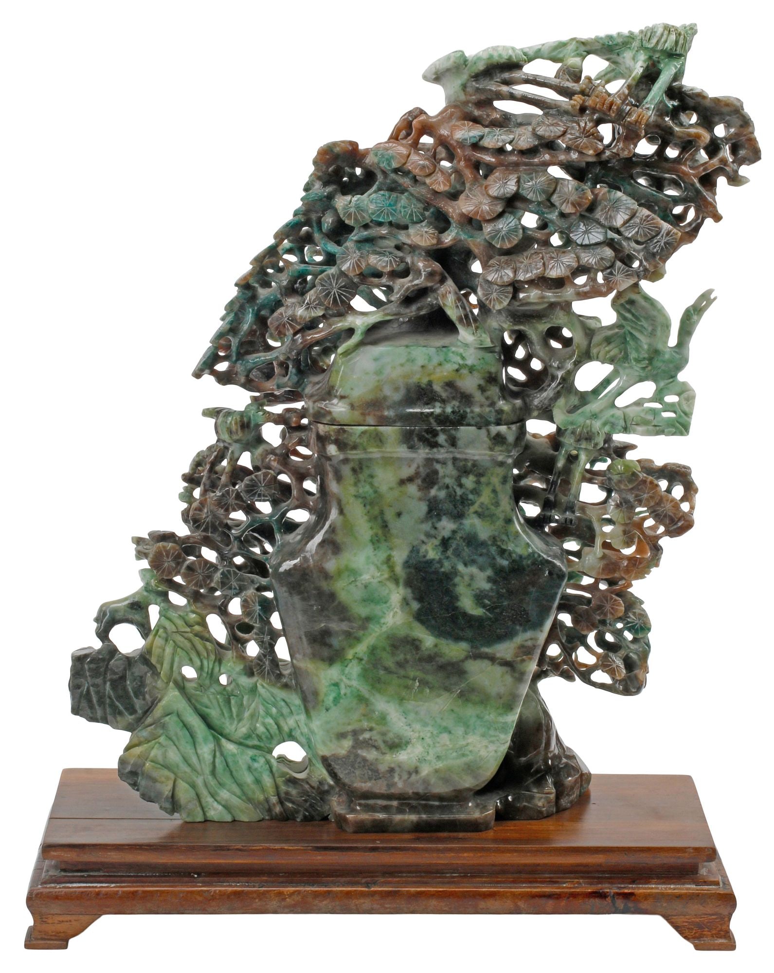LARGE CHINESE CARVED JADE COVERED URN SCULPTURE ON STAND, 20"H (1 of 5)