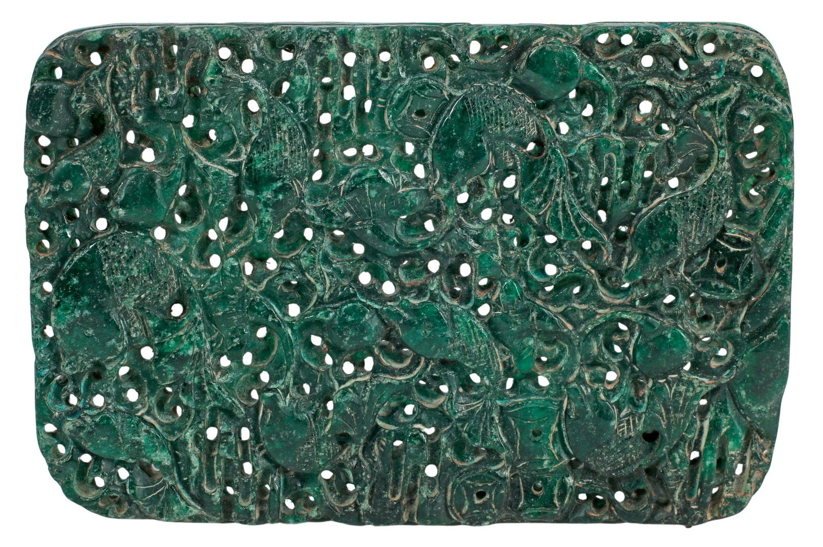 CHINESE CARVED GREEN JADE RECTANGULAR PLAQUE: Chinese carved jade rectangular plaque, with carp fish on pierced scrollwork ground, approx 5"h, 7"w, 1lbs