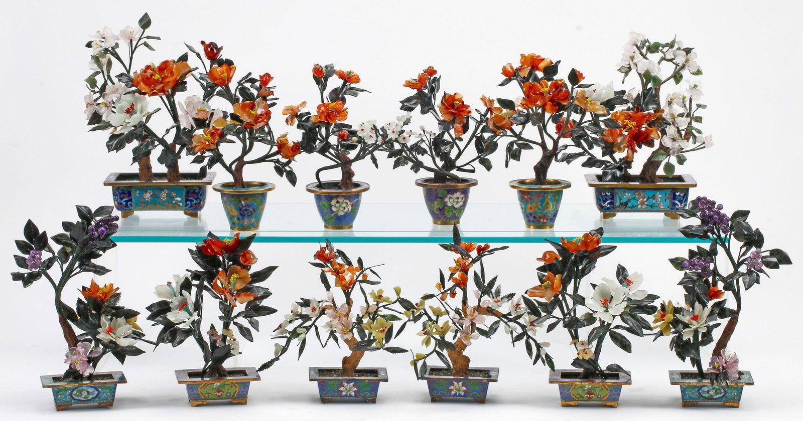(12) CHINESE CARVED HARDSTONE FLOWERING TREES IN CLOISONNE PLANTERS (1 of 6)