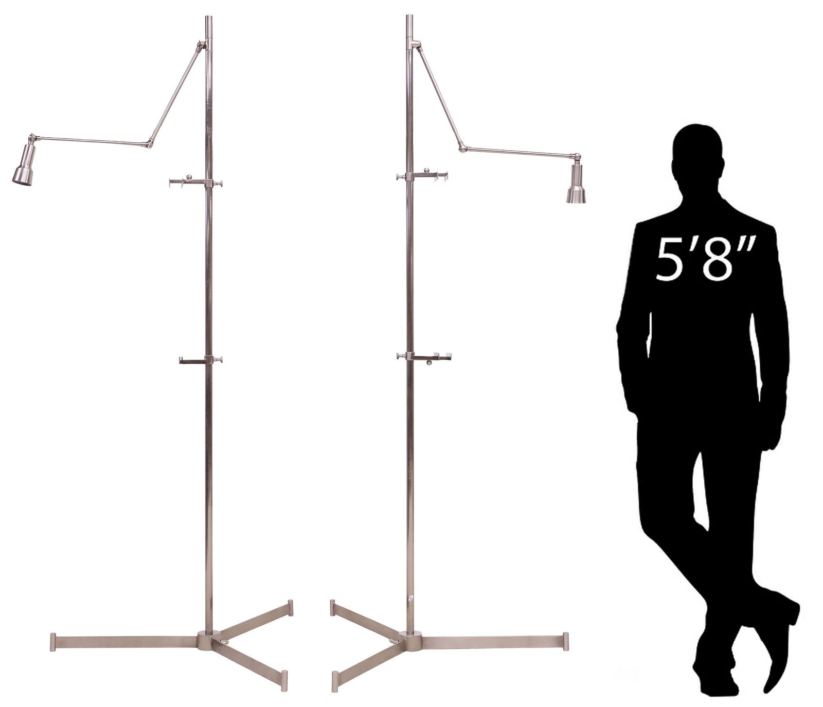 (2) ARTERIORS (ATTRIB.) MODERN 'AJA' METAL 1-LIGHT FLOOR LAMPS WITH EASEL CLIPS: (pair) Modern brushed metal "Aja" single-light floor lamps, attributed to Arteriors Home, 21st c., each having adjustable arm, rising on a tubular standard with moveable easel clips, ending on