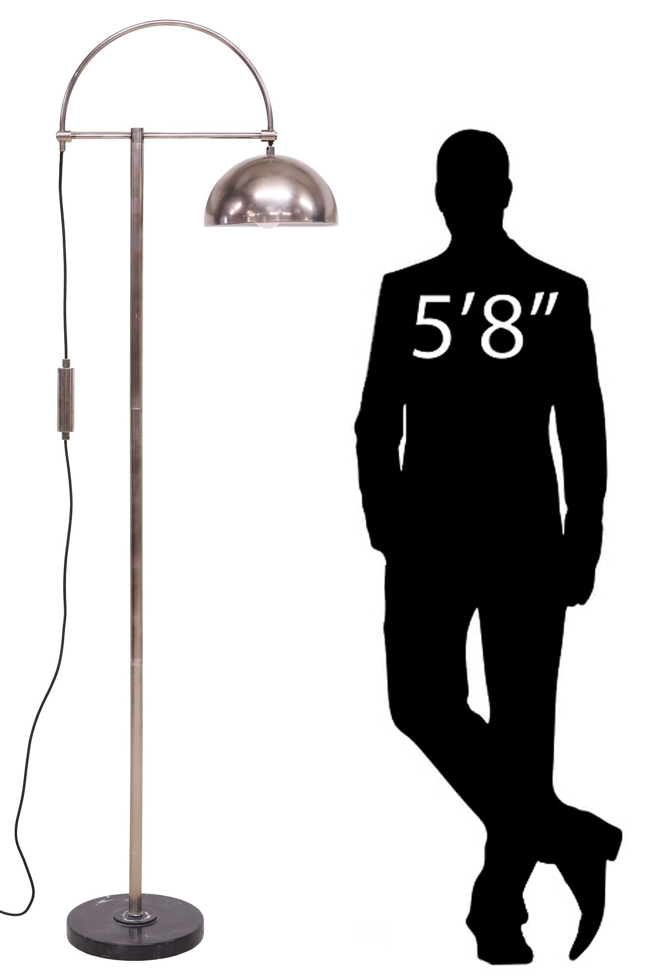 MODERN ARTERIORS (ATTRIB.) CHROMED METAL 'JILLIAN' 1-LT FLOOR LAMP: Modern chromed metal "Jillian" single-light floor lamp, 21st c., attributed to Arteriors, having arched stem, adjustable semi-spherical shade, on marble base, equipped with U.S. wiring, observed