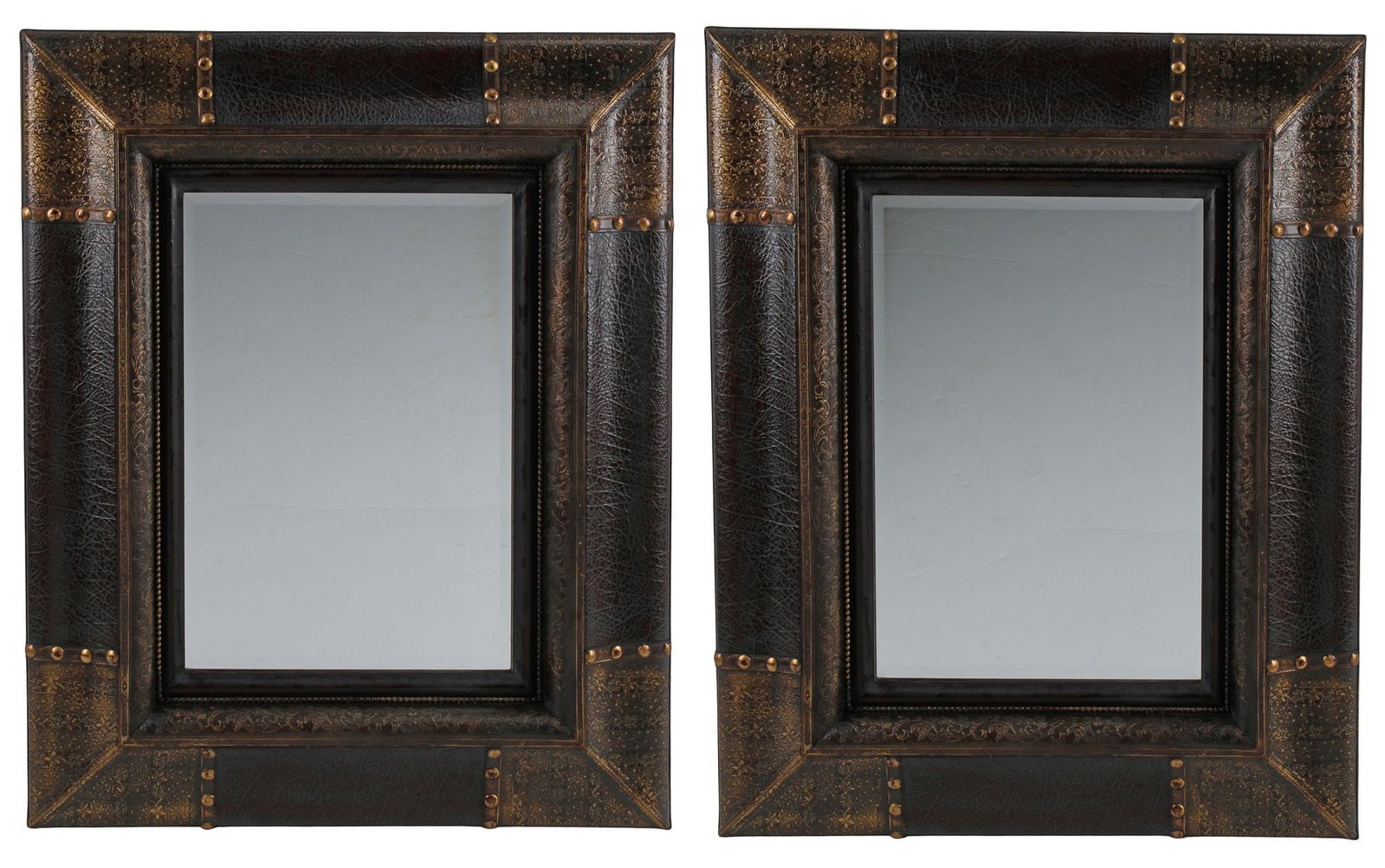(2) PORTUGUESE STYLE EMBOSSED LEATHER RECTANGULAR MIRRORS, 42"H (1 of 7)