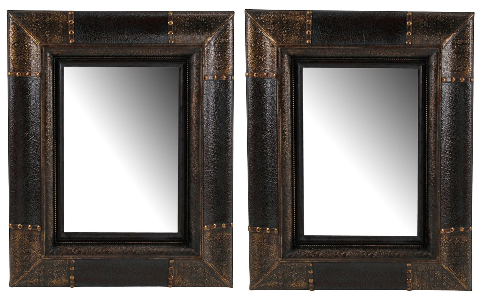 (2) PORTUGUESE STYLE EMBOSSED LEATHER RECTANGULAR MIRRORS, 42"H - 2
