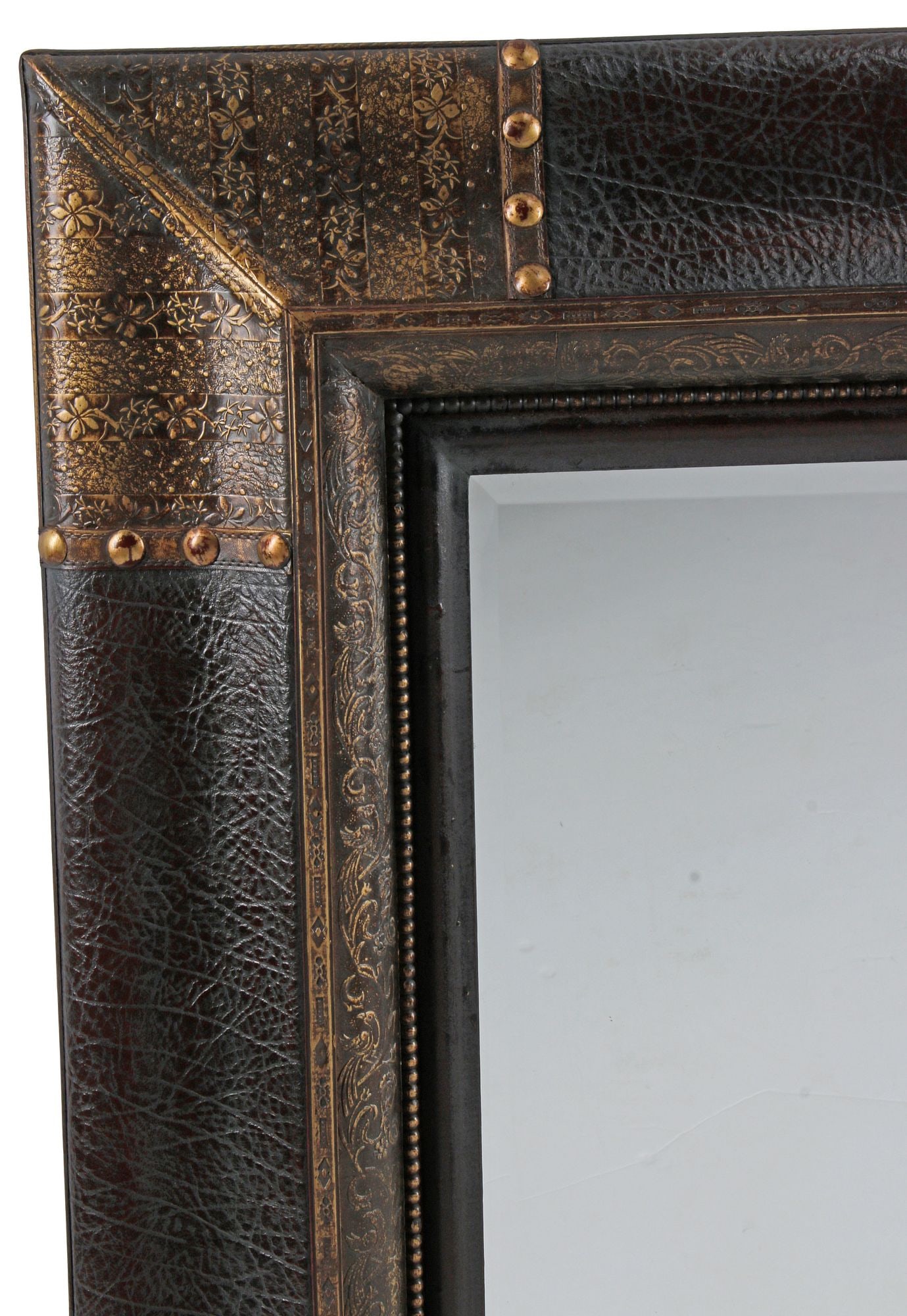 (2) PORTUGUESE STYLE EMBOSSED LEATHER RECTANGULAR MIRRORS, 42"H - 3