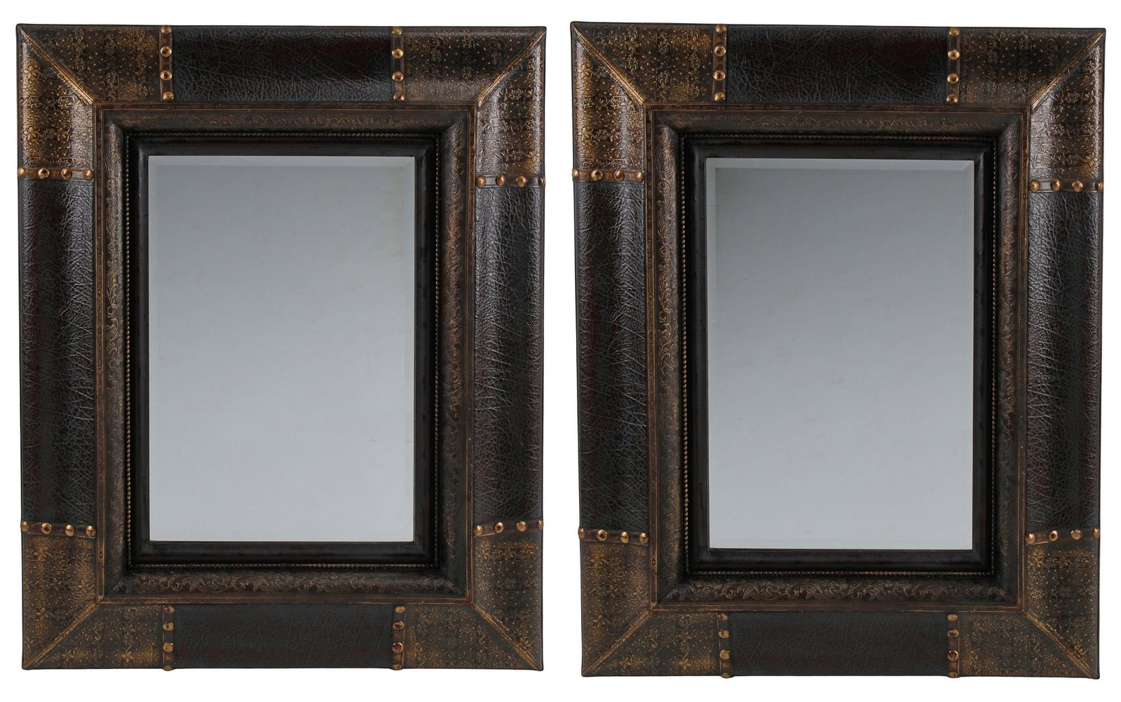 (2) PORTUGUESE STYLE EMBOSSED LEATHER RECTANGULAR MIRRORS, 42"H - 4