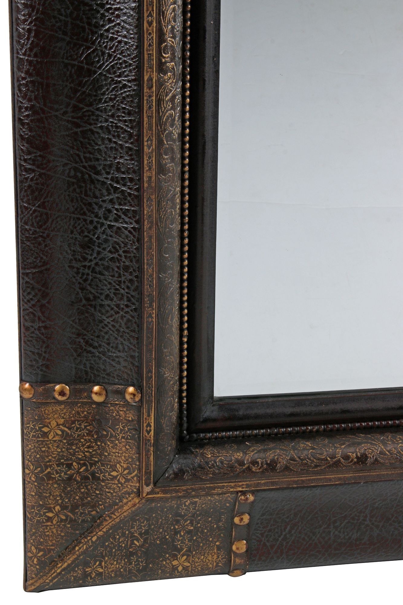 (2) PORTUGUESE STYLE EMBOSSED LEATHER RECTANGULAR MIRRORS, 42"H - 6