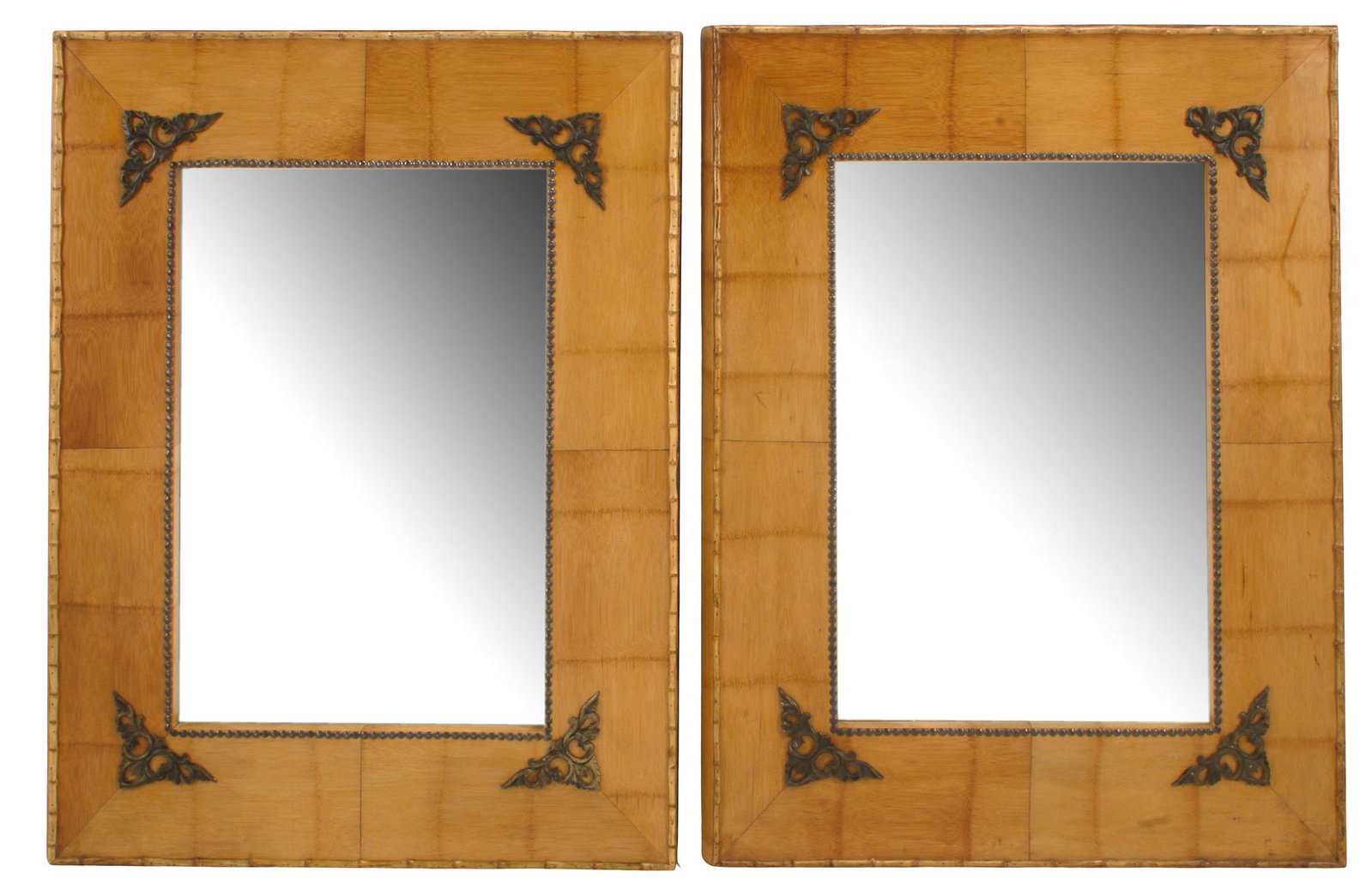 (2) LARGE BAMBOO-FRAMED RECTANGULAR WALL MIRRORS, 44"H: (pair) Large bamboo-veneered wall mirrors, each having beaded metal trim and pierced corner accents, encasing beveled mirror plate, approx 44"h, 33.5"w, 4"d, 80lbs total