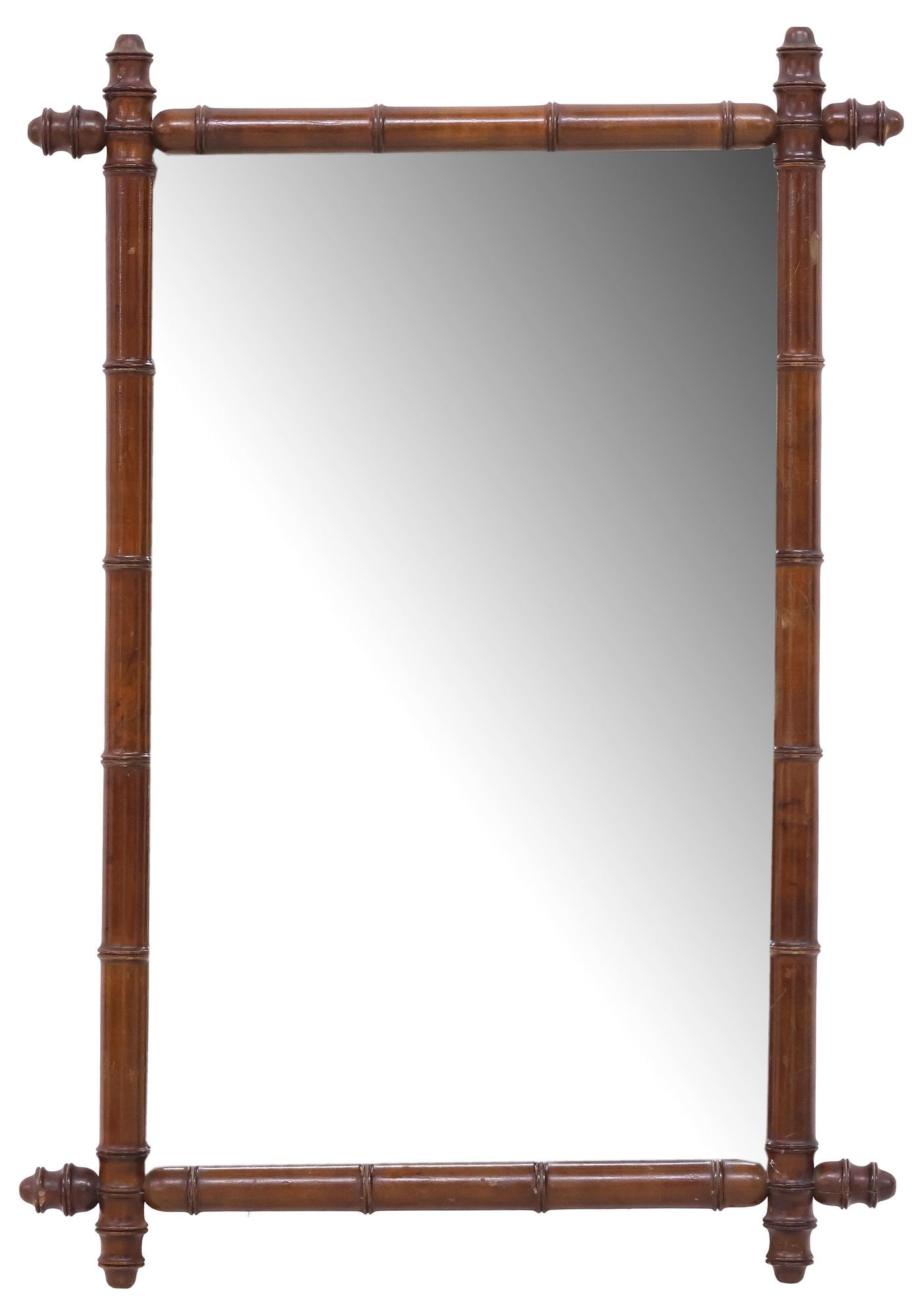 FRENCH FAUX BAMBOO TURNED WOOD WALL MIRROR, 40"H: French mirror with faux bamboo turnings, early 20th c., encasing flat mirror plate, illegible stamp to reverse, scattered silver loss, approx 38.75"h, 26.75"w, 22.75lbs