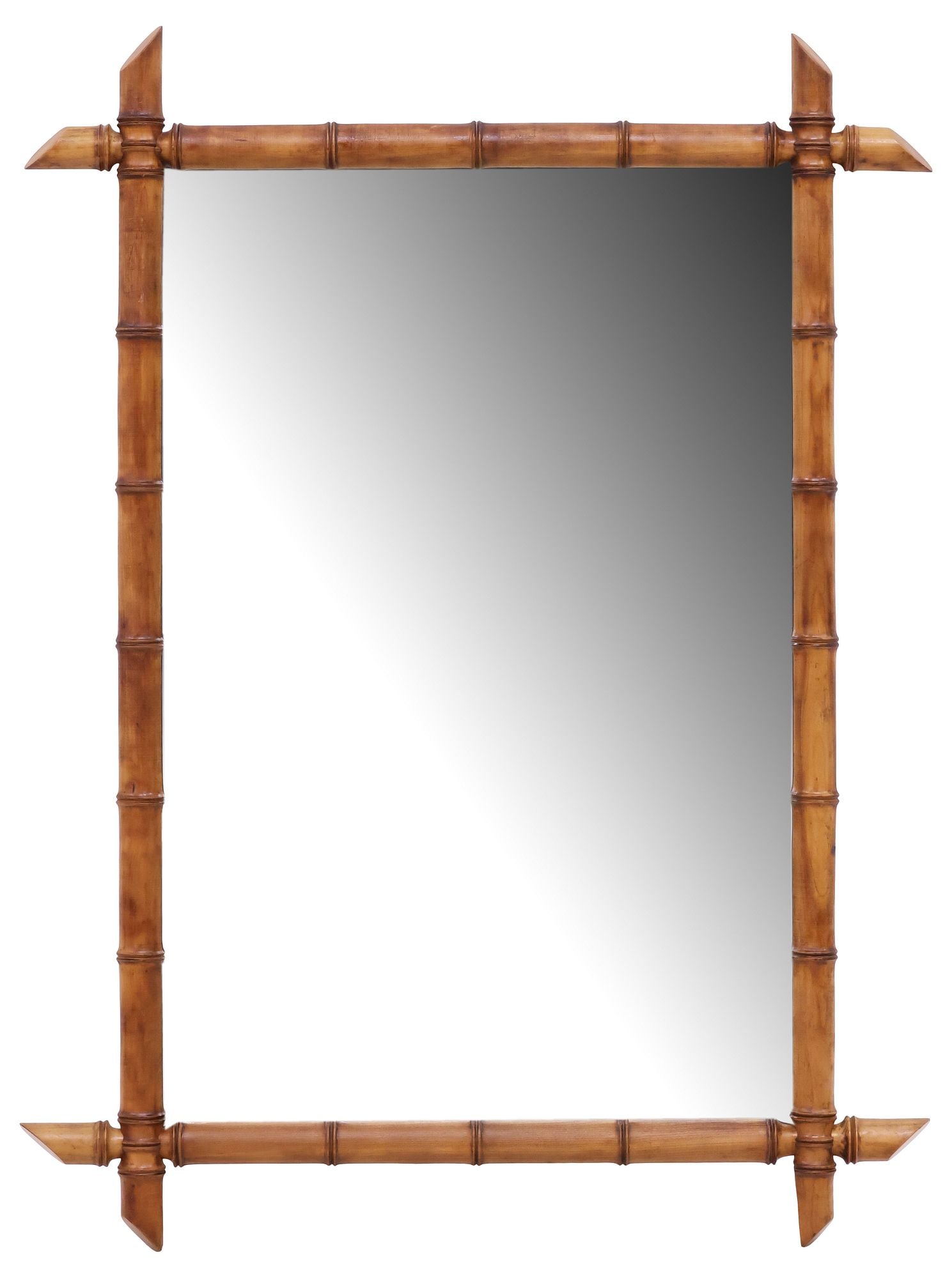 FRENCH FAUX BAMBOO TURNED WOOD MIRROR, 40"H: French mirror with faux bamboo turnings, early 20th c., encasing flat mirror plate, approx 40"h, 29.75"w, 20lbs