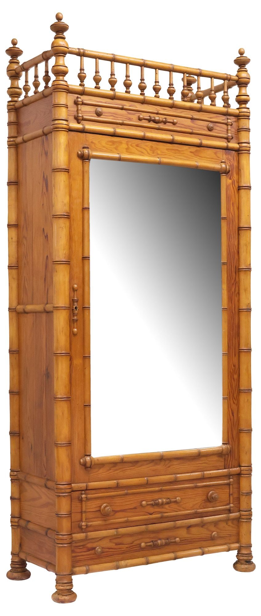 FRENCH MIRRORED PINE ARMOIRE WITH FAUX BAMBOO TURNINGS (1 of 5)