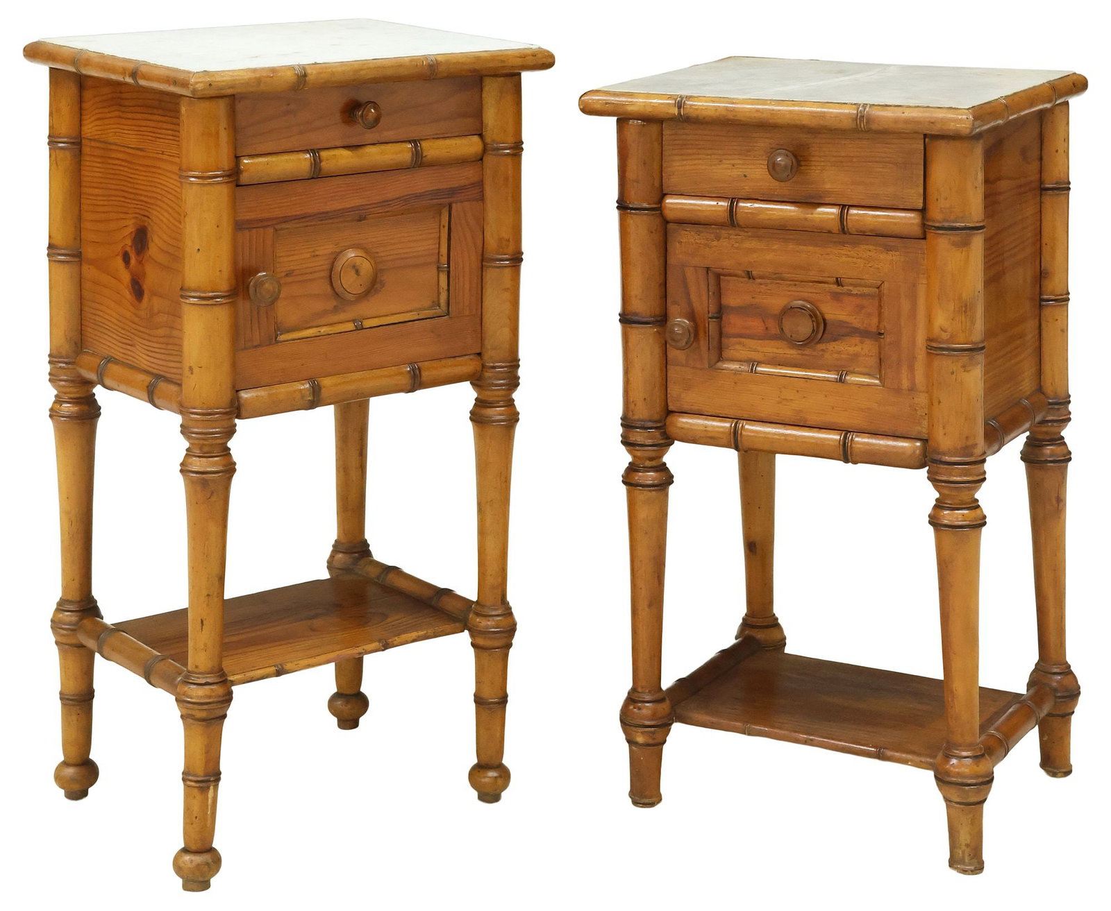 (2) FRENCH MARBLE-TOP PINE & FAUX BAMBOO NIGHTSTANDS: (pair) French stained pine nightstands with faux bamboo turnings, 20th c., each having inset marble top, over single drawer and small cabinet door, tapered supports joined by medial shelf, ending on t