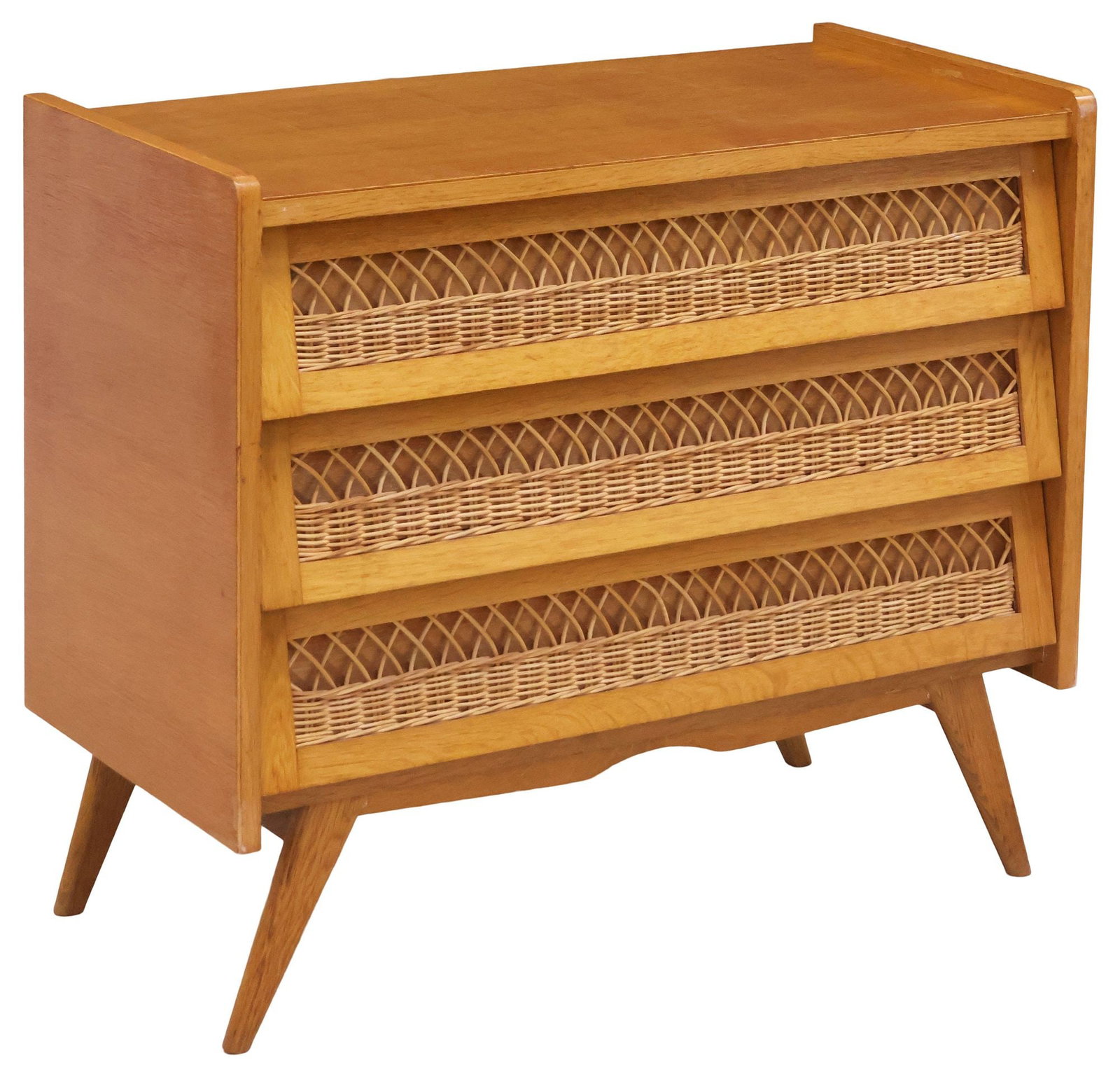 FRENCH MID-CENTURY MODERN OAK & RATTAN 3-DRAWER COMMODE: French mid-century modern oak chest of drawers, c.1950s, having three levered drawers with woven rattan accents, rising on tapering splayed legs, approx 30.75"h, 35.5"w, 17"d **Note: a matching