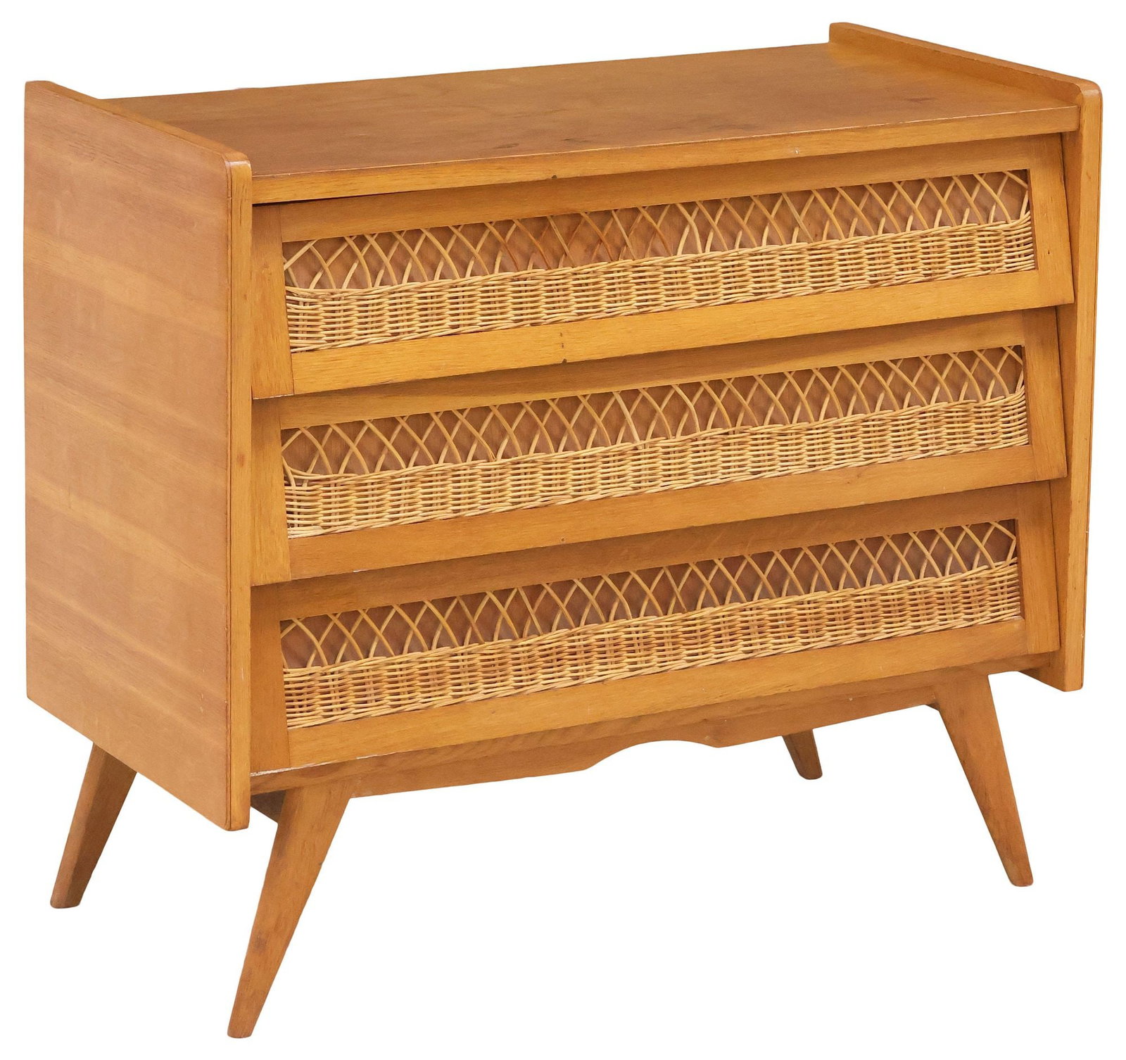FRENCH MID-CENTURY MODERN OAK & RATTAN 3-DRAWER COMMODE: French mid-century modern oak chest of drawers, c.1950s, having three levered drawers with woven rattan accents, rising on tapering splayed legs, approx 30.75"h, 35.5"w, 17"d **Note: a matching