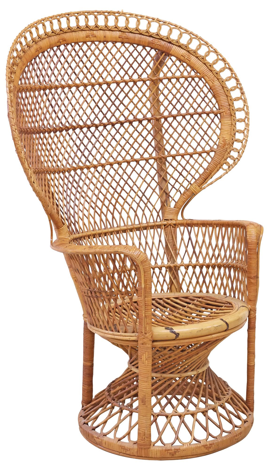 LARGE WOVEN RATTAN 'EMMANUELLE PEACOCK' ARMCHAIR: Large woven rattan "Emmanuelle Peacock" armchair, 20th c., with fan back, rising on a circular base, approx 56.5"h, 38.5"w, 28.5"d, seat height: approx 17"h
