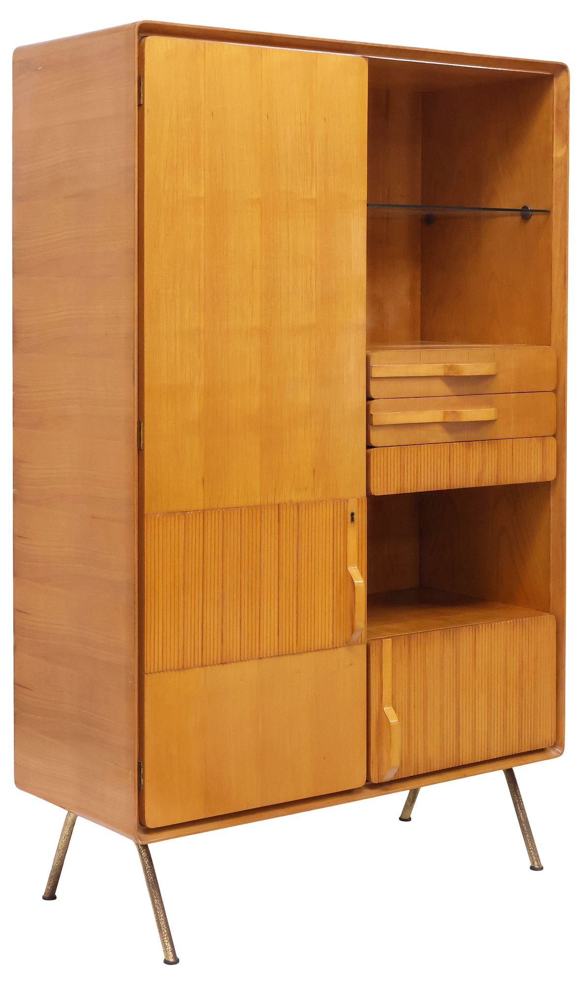ITALIAN MID-CENTURY MODERN TEAK WARDROBE CABINET: Italian mid-century modern teak wardrobe cabinet, c.1960s, rounded rectangular case fitted with full-length door, revealing hanging rod, beside fixed-height glass shelf and open compartment, flanked b