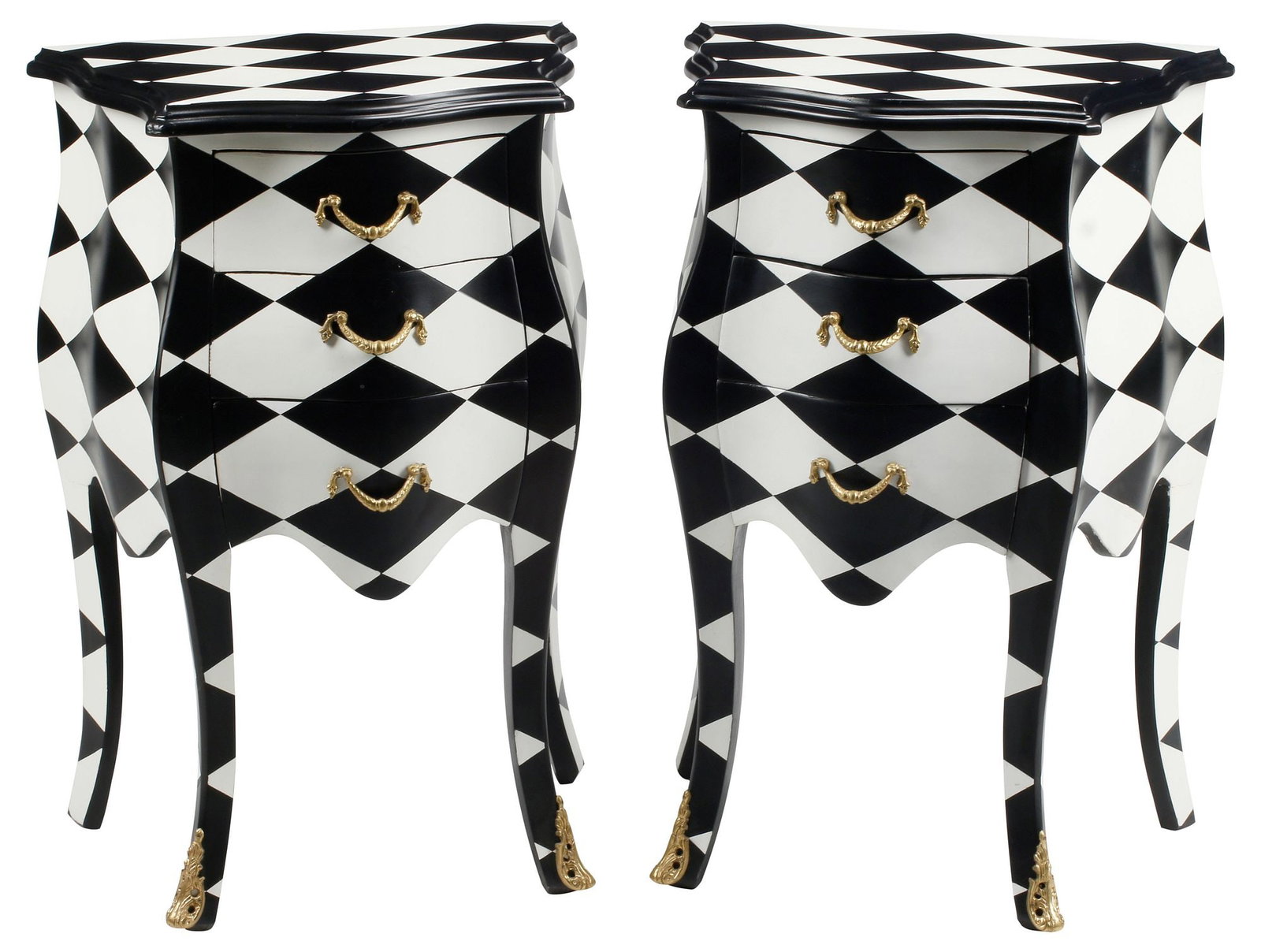 (2) HOLLYWOOD REGENCY STYLE HARLEQUIN PATTERN BOMBE NIGHTSTANDS: (pair) Hollywood Regency style nightstands, the bombe case with black and white diamond pattern, fitted with three drawers, gilt bronze mounts, approx 29"h, 20"w, 12.5"d, approx 29"h, 20"w, 13"d