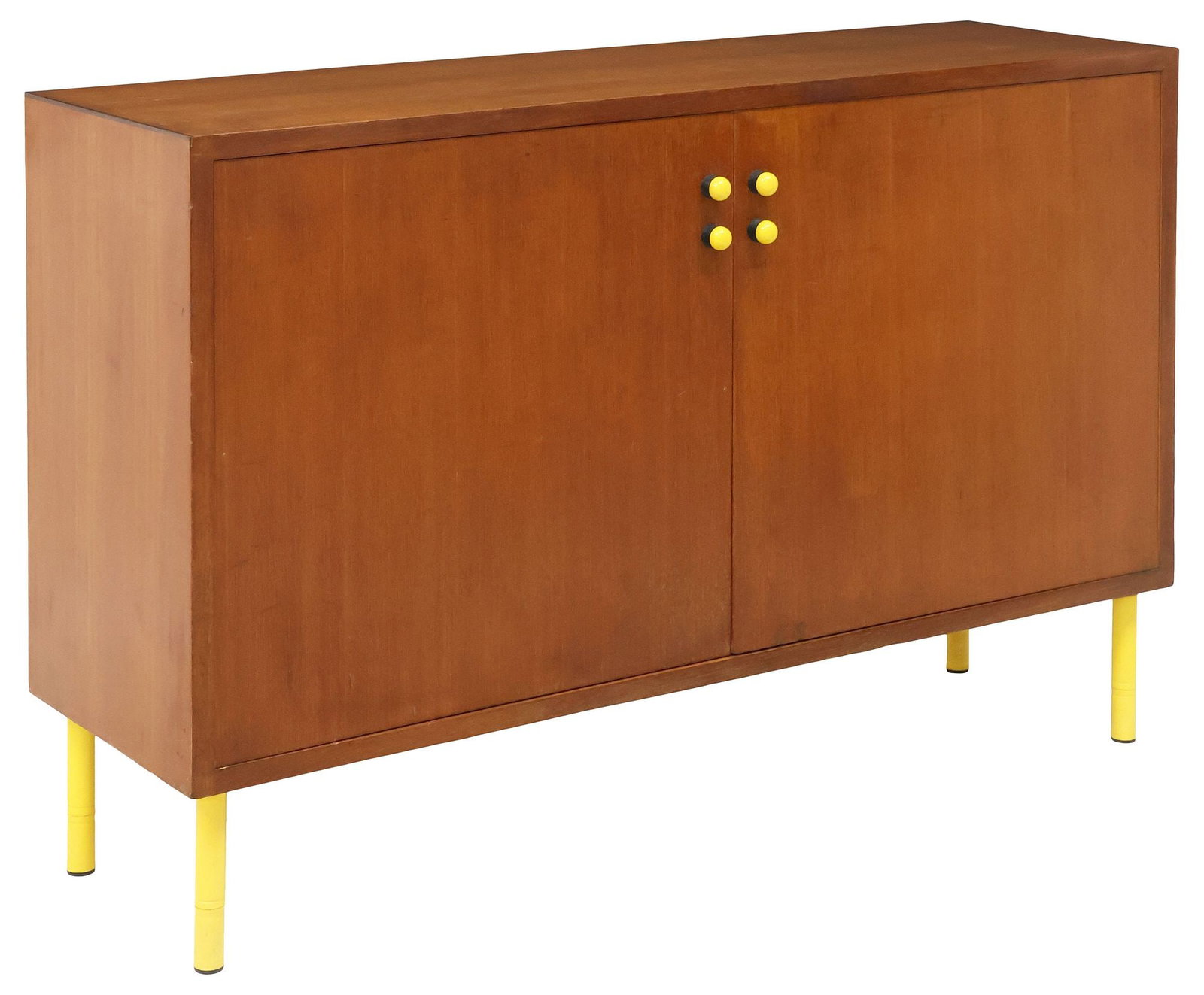 ITALIAN MID-CENTURY MODERN TEAK & YELLOW-ENAMELED SIDEBOARD: Italian mid-century modern teak sideboard, c.1960s, rectangular case fitted with dual cabinet doors, with yellow-enameled knobs, revealing adjustable-height shelving, rising on yellow faux bamboo