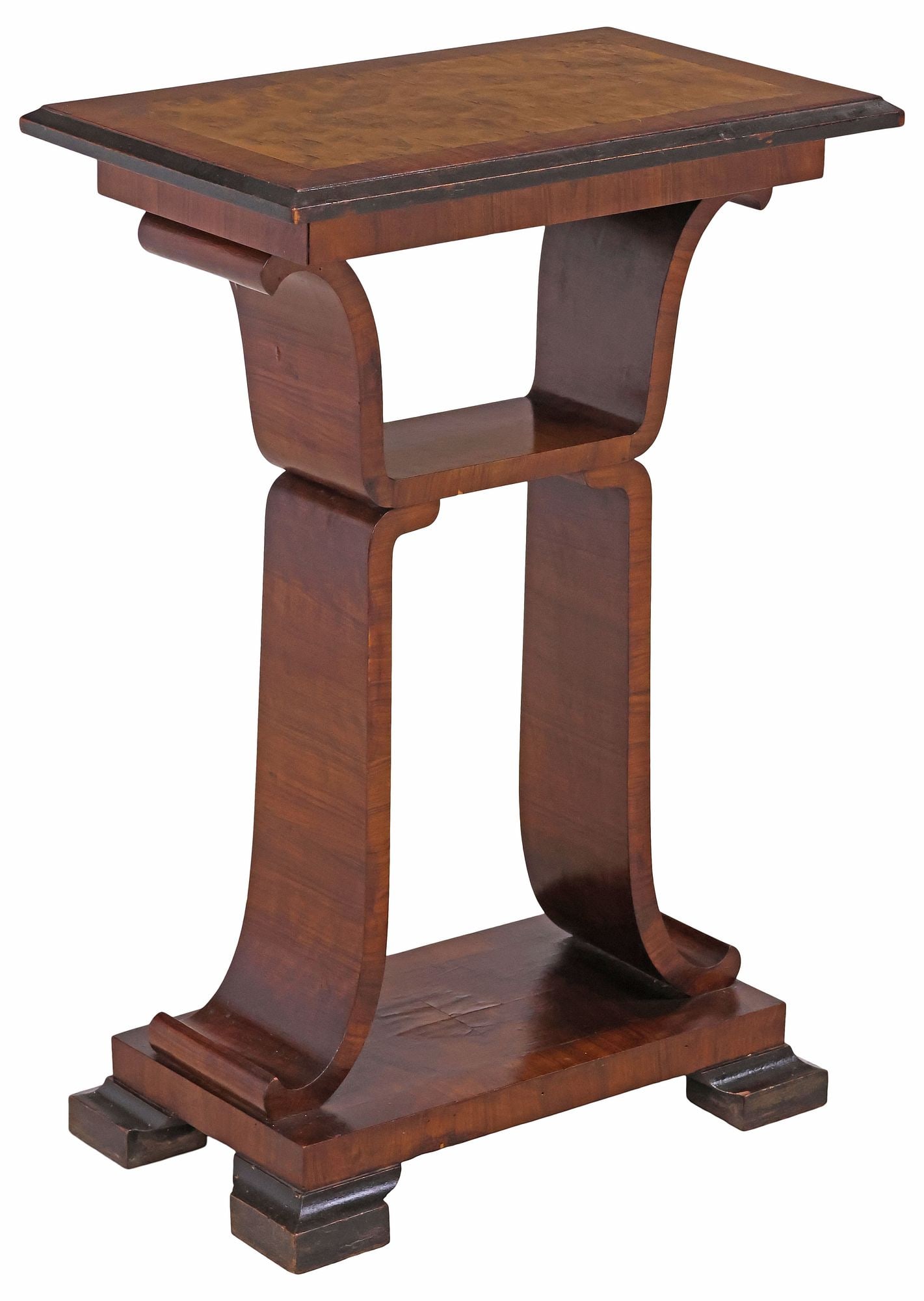 ITALIAN ART DECO PERIOD BURLWOOD SIDE TABLE: Italian Art Deco period burlwood side table, c.1930s, rectangular top, rising on concave shaped supports joined by medial shelf, resting on base with stepped feet, approx 30.5"h, 20.5"w, 12.5"d