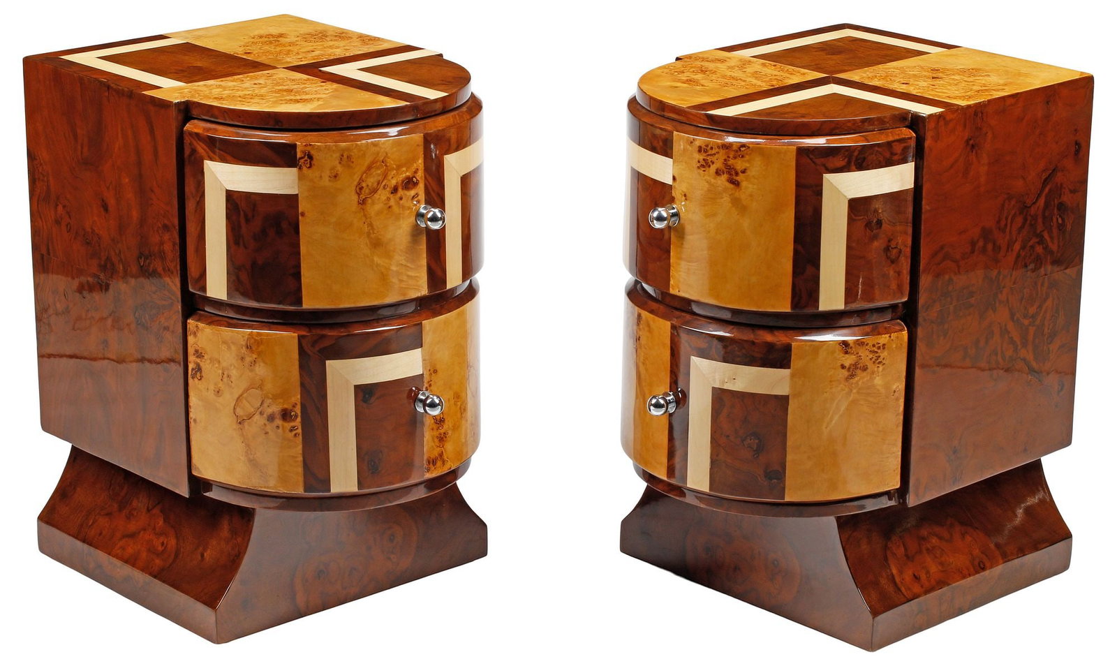 (2) ART DECO STYLE PARQUETRY-INLAID BEDSIDE TABLES / NIGHTSTANDS: (pair) Art Deco style parquetry-inlaid nightstands, each having sculptural case fitted with two drawers, rising on sloped platform base, approx 24.5"h, 15"w, 20"d