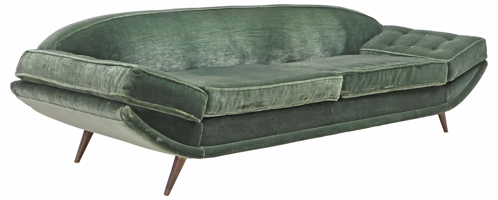LARGE MID-CENTURY MODERN BUTTONED & VELVET-UPHOLSTERED SOFA: Mid-century modern upholstered sofa, c.1960s, in a green velvet upholstery, upturned arms with button-tufted cushions, flanking two removable seat cushions, on splayed tapering brass legs, (one) seat