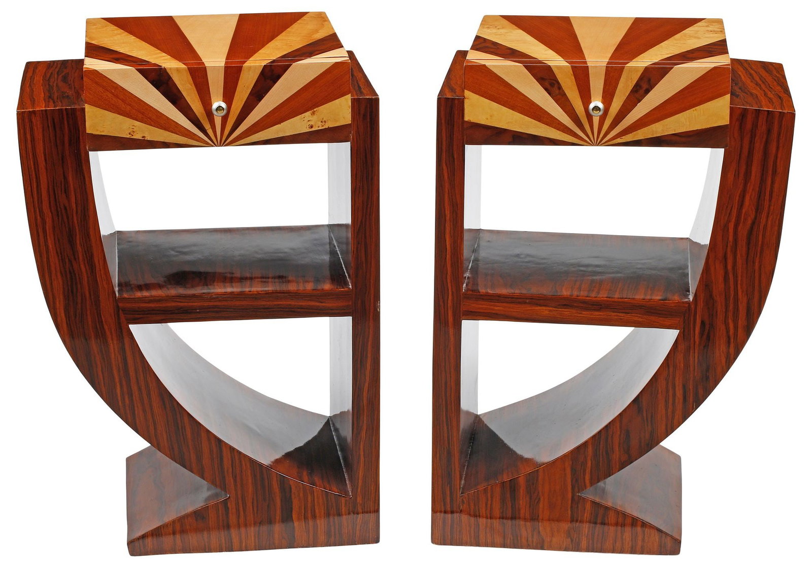 (2) ART DECO STYLE PARQUETRY-INLAID 1-DRAWER NIGHTSTANDS: (pair) Art Deco style bedside tables, each having parquetry-inlaid top fitted with single drawer, rising on sculptural base with medial shelf, approx 30"h, 20"w, 15"d