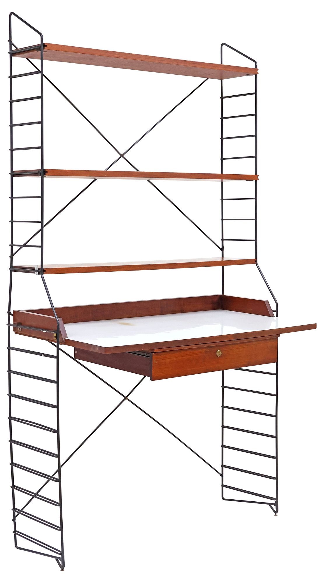 ITALIAN MID-CENTURY MODERN MODULAR TEAK SECRETARY BOOKSHELF: Italian mid-century modern modular teak secretary bookshelf, c.1960s, comprising single unit, with three open shelves, and laminate-top desk fitted with single drawer, on laddered steel supports in a