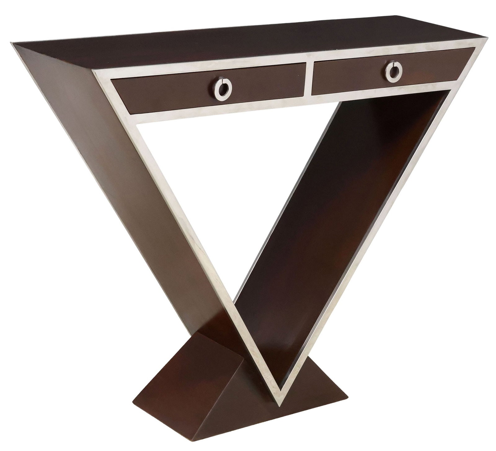 ART DECO MAHOGANY & CHROME CONSOLE TABLE: Art Deco Console Table, 21st c., chrome framed mahogany having a rectangular top over two frieze drawers, all rising on the open triangular base with conforming supports, the top with scratches and