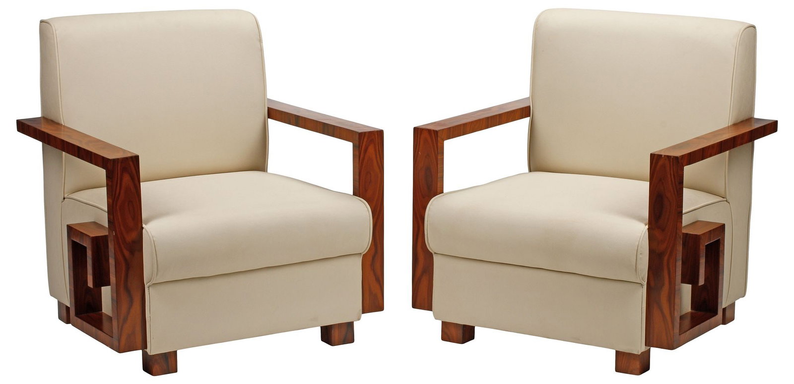 (2) ART DECO STYLE UPHOLSTERED GREEK KEY MOTIF LOUNGE CHAIRS: (pair) Art Deco style armchairs, each having padded back and seat in white upholstery, with squared armrests terminating on Greek key scroll motifs, rising on block feet, approx 33.5"h, 30.5"w, 29"d, 