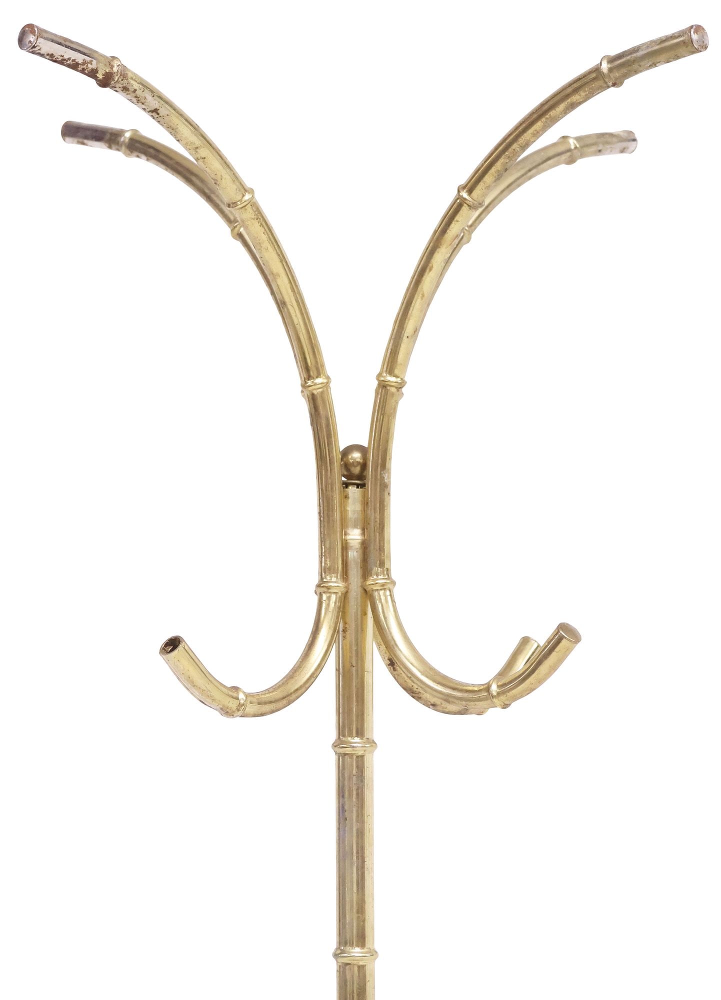 HOLLYWOOD REGENCY STYLE GILT-METAL FAUX BAMBOO HALL TREE: Hollywood Regency style gilt-metal hall tree, 20th c., faux bamboo frame with four hat/ coat hooks, terminating on quadripartite base, approx 73"h, 19"w, 19"d **Provenance: Treasures from the vaults