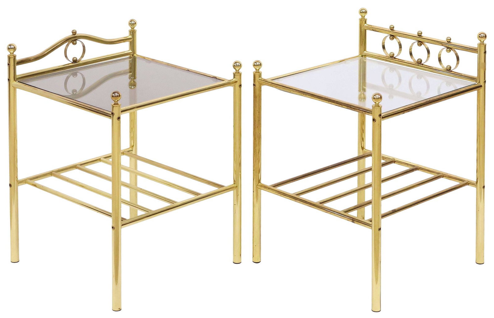 (2) HOLLYWOOD REGENCY STYLE GLASS-TOP BRASS NIGHTSTANDS / SIDE TABLES (1 of 5)